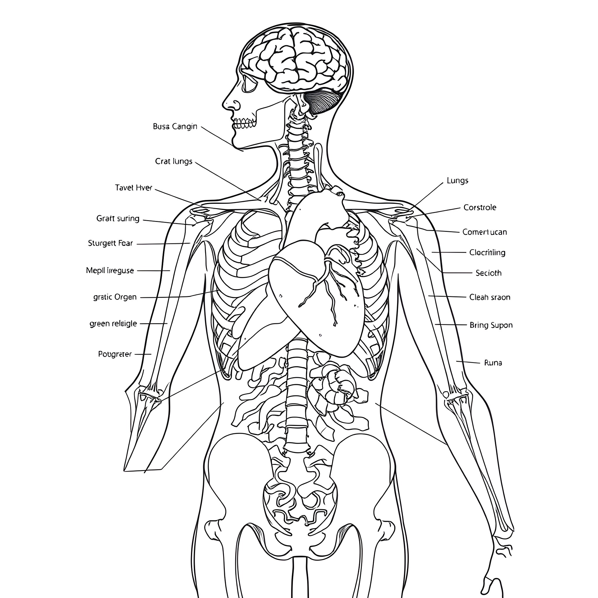 Body Structure and Organs Diagram Coloring Page (free black-and-white line drawing printable PDF for all, from beginners to advanced learners, including children, teens, adults, and seniors)