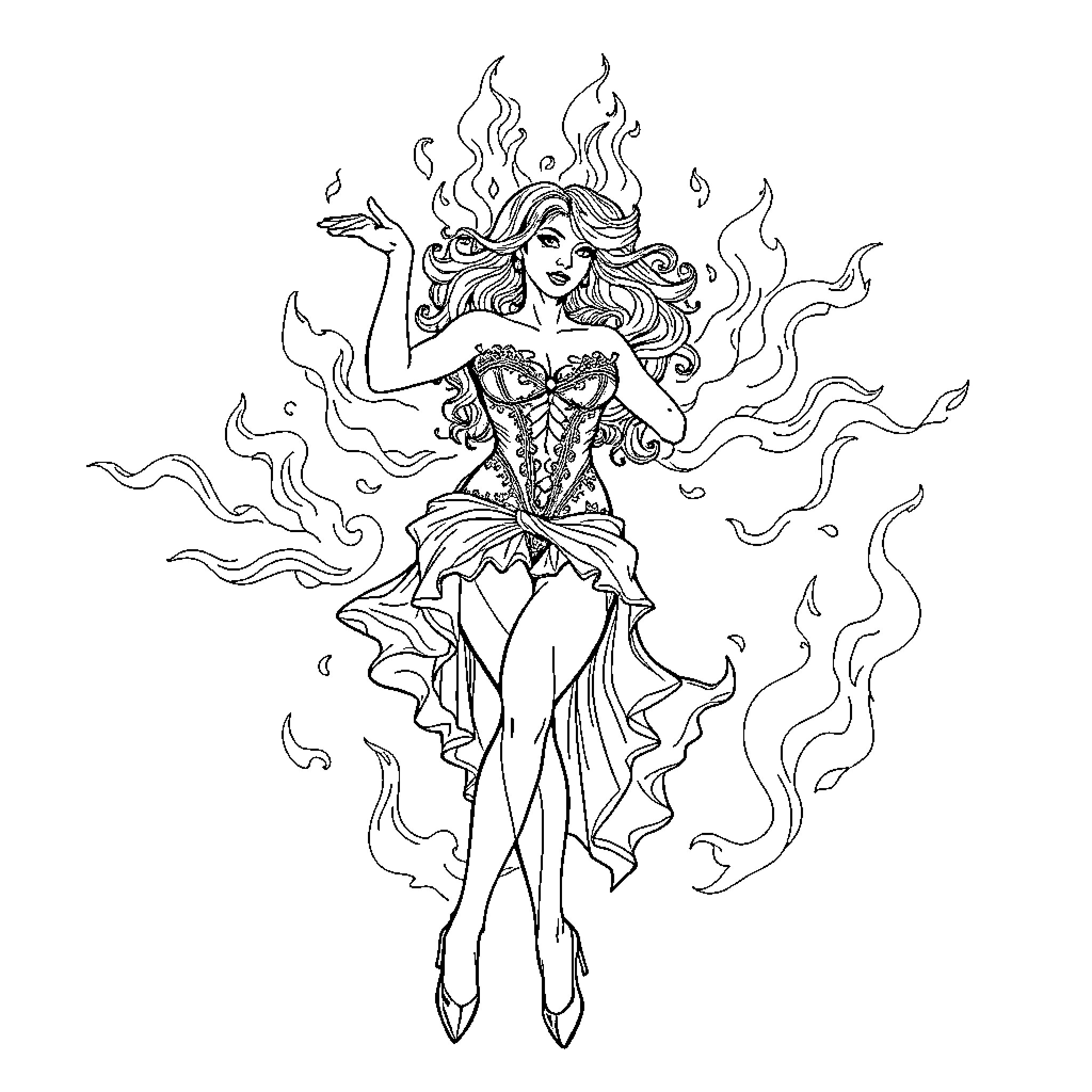 Dancer in Fiery Theatrical Costume Coloring Page (free black-and-white line drawing printable PDF for all, from beginners to advanced learners, including children, teens, adults, and seniors)