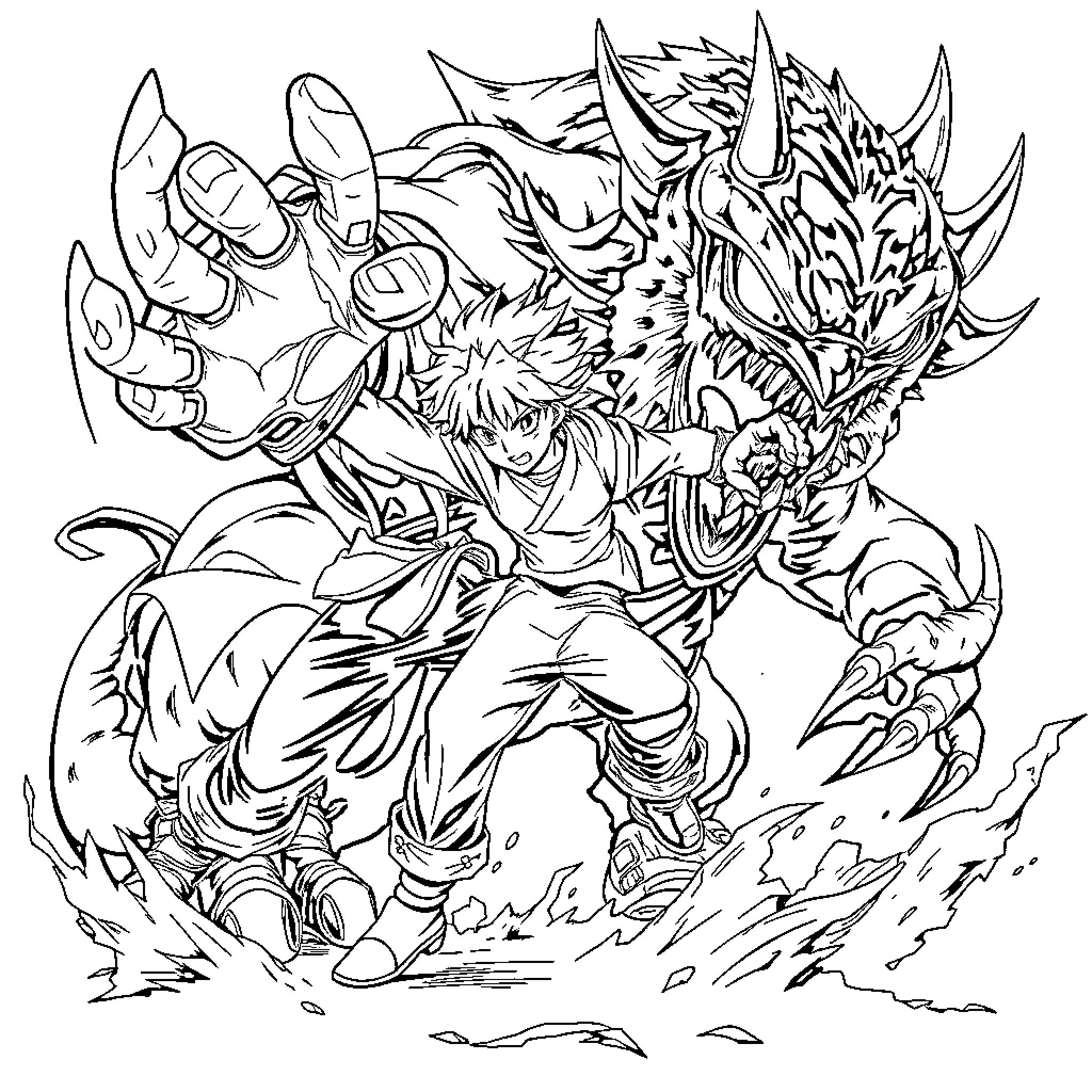 Anime Character in Fierce Battle with Monstrous Foe Coloring Page (free black-and-white line drawing printable PDF for all, from beginners to advanced learners, including children, teens, adults, and seniors)