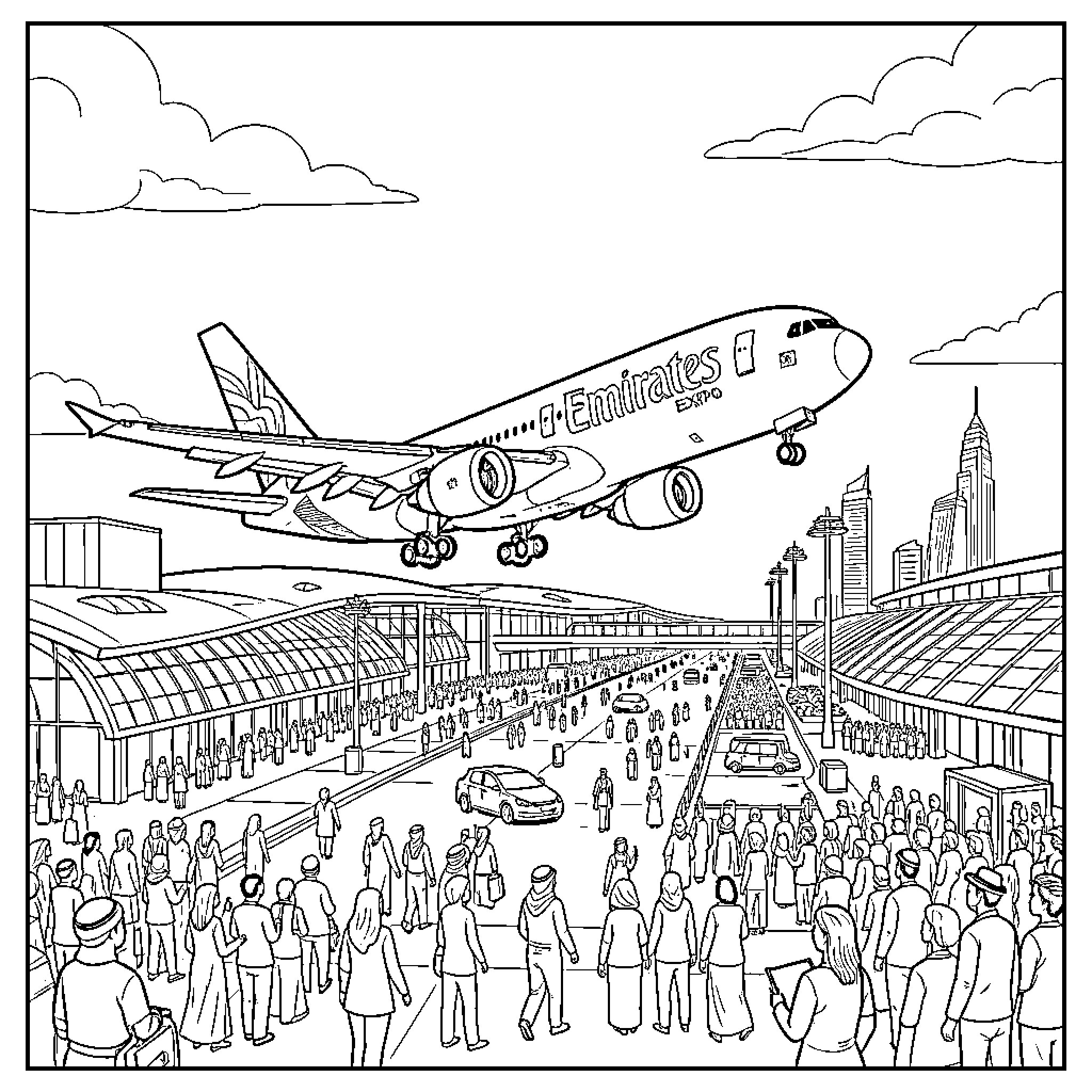 Emirates Airliner Takes Off Amidst Bustling Airport Scene Coloring Page (free black-and-white line drawing printable PDF for all, from beginners to advanced learners, including children, teens, adults, and seniors)
