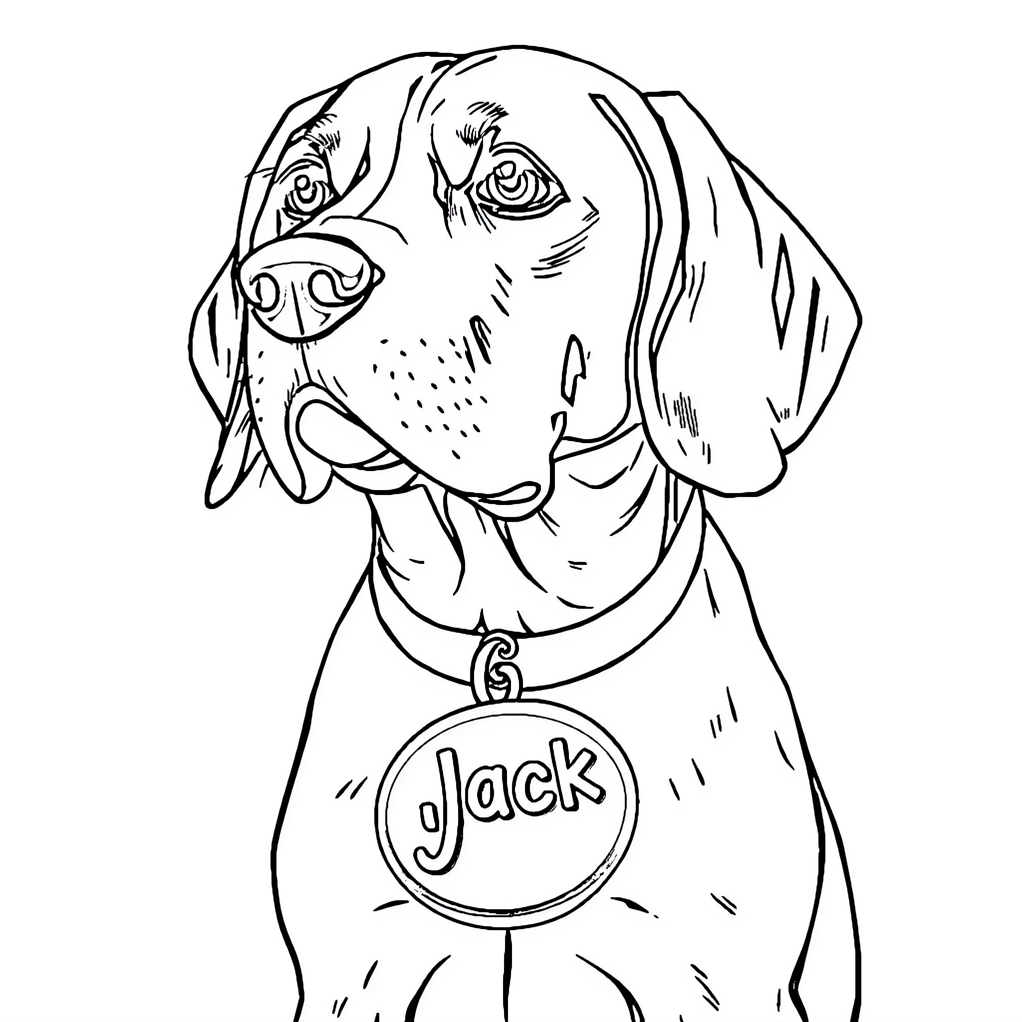 Beagle dog wearing name tag in black and white Coloring Page (free black-and-white line drawing printable PDF for all, from beginners to advanced learners, including children, teens, adults, and seniors)