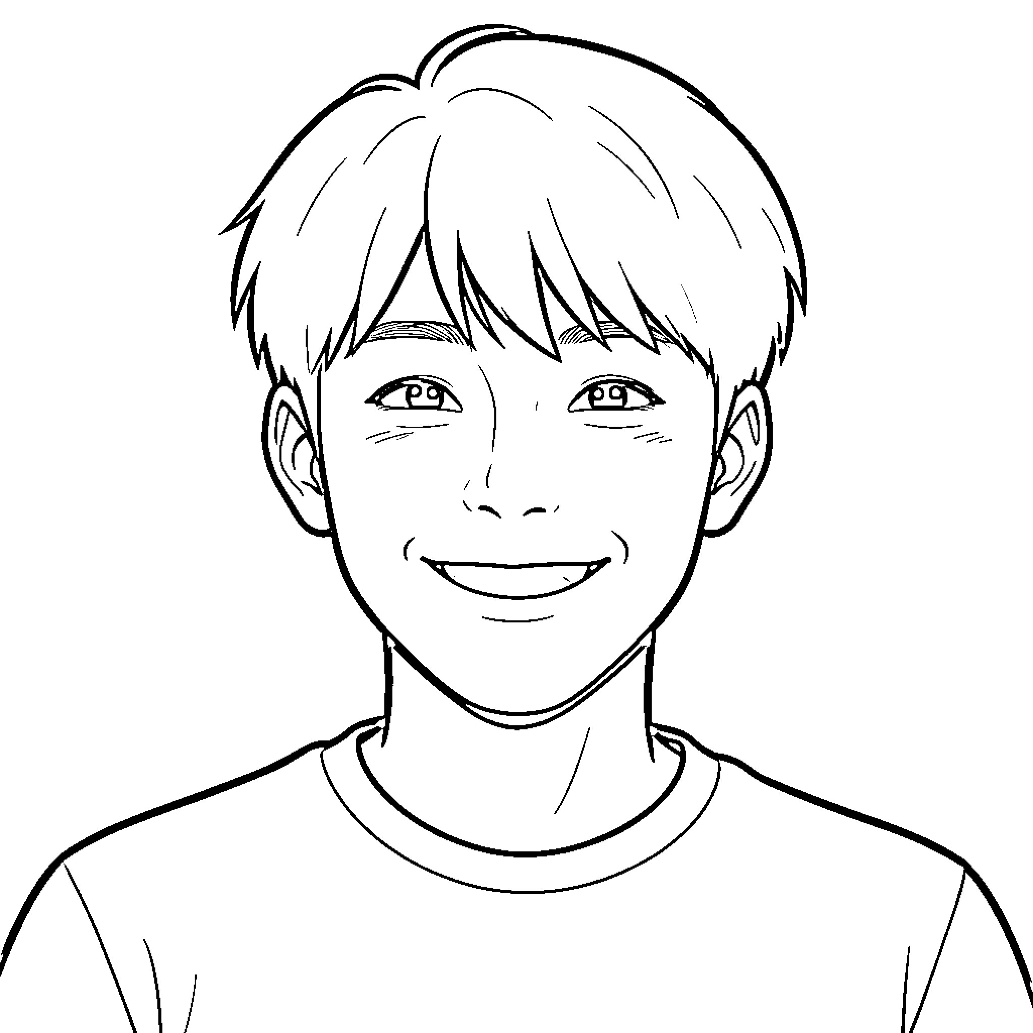 Korean Boy Smiling Happily Coloring Page (free black-and-white line drawing printable PDF for all, from beginners to advanced learners, including children, teens, adults, and seniors)