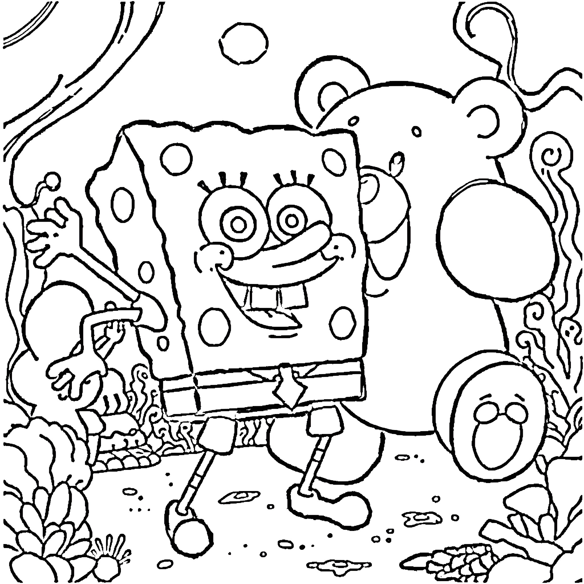 Spongebob and friends in a whimsical underwater scene Coloring Page (free black-and-white line drawing printable PDF for all, from beginners to advanced learners, including children, teens, adults, and seniors)