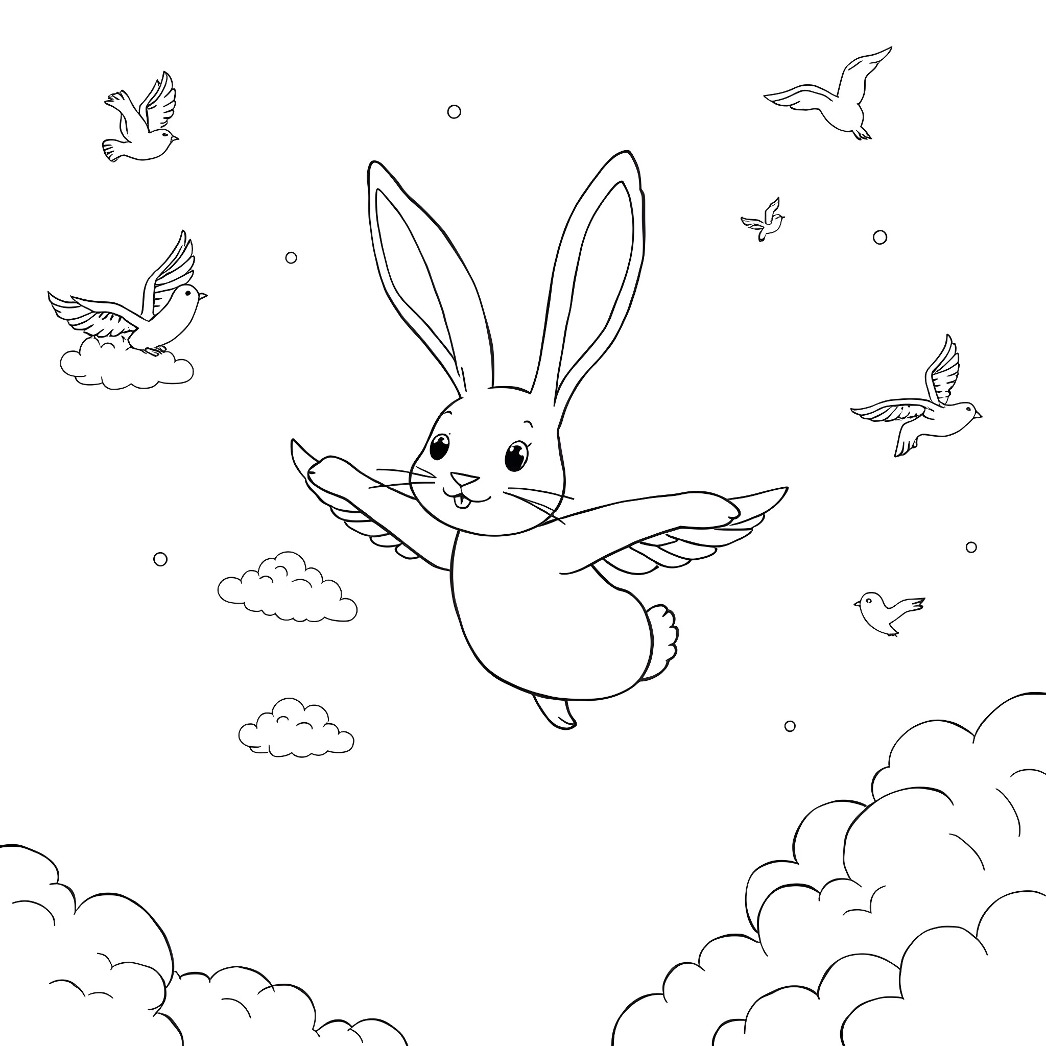 Rabbit flying with birds in the sky Coloring Page (free black-and-white line drawing printable PDF for all, from beginners to advanced learners, including children, teens, adults, and seniors)