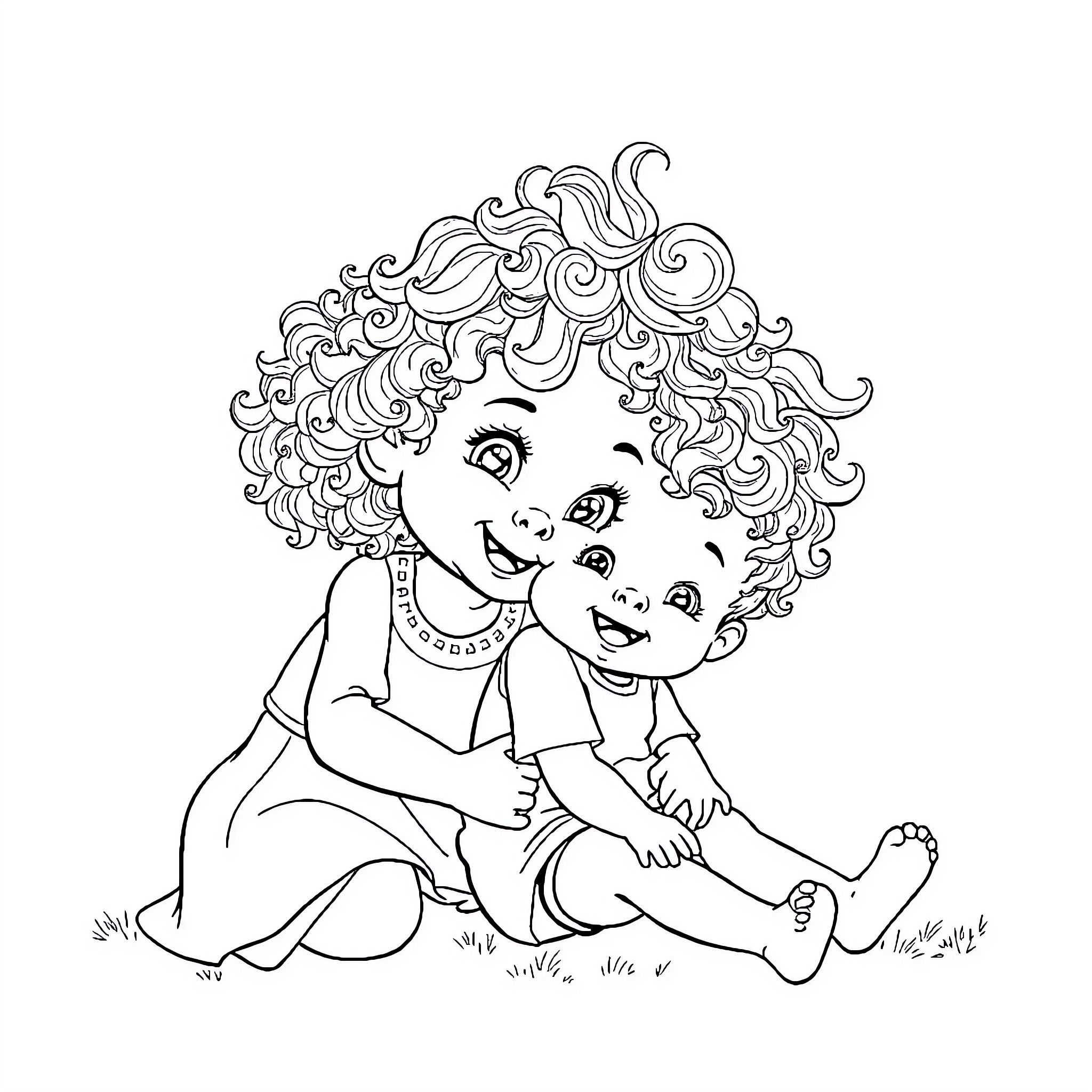Girl with Curly Hair Playing on Grass Coloring Page (free black-and-white line drawing printable PDF for all, from beginners to advanced learners, including children, teens, adults, and seniors)