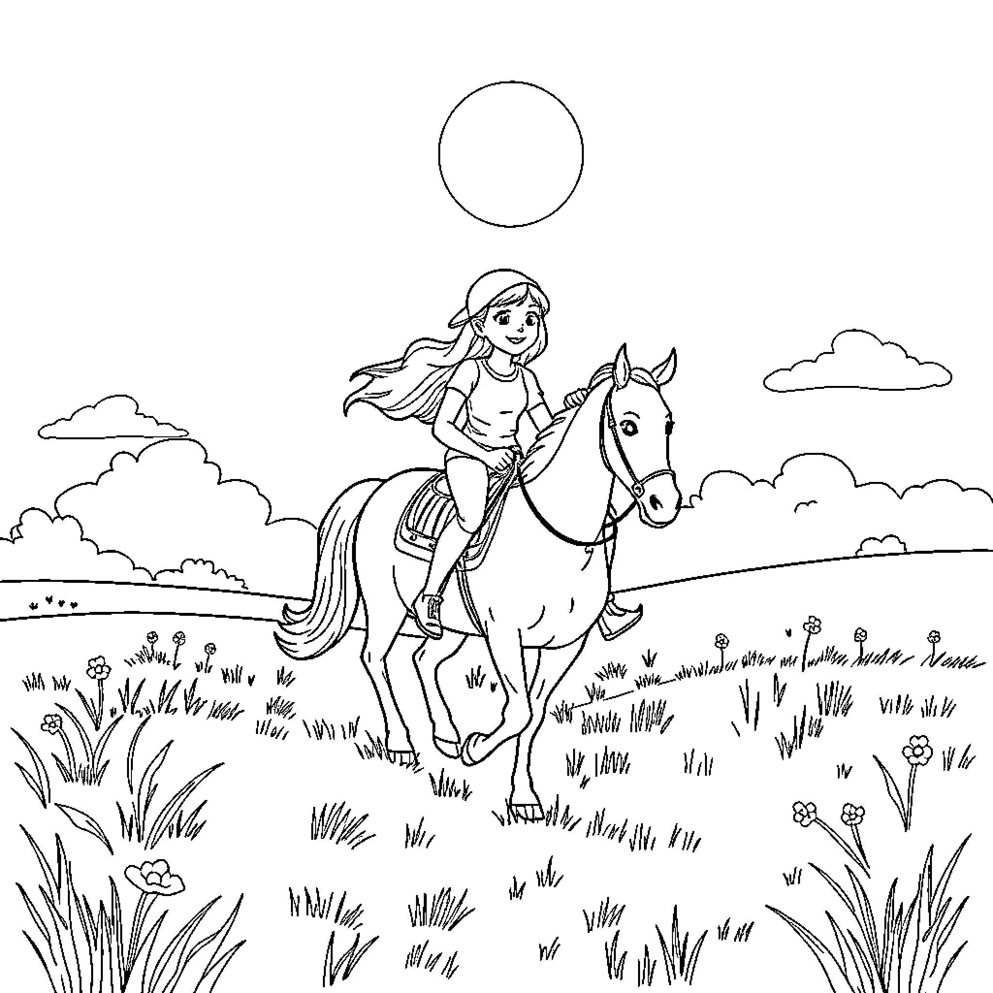 Horse and Rider Enjoying Nature's Landscape Coloring Page (free black-and-white line drawing printable PDF for all, from beginners to advanced learners, including children, teens, adults, and seniors)