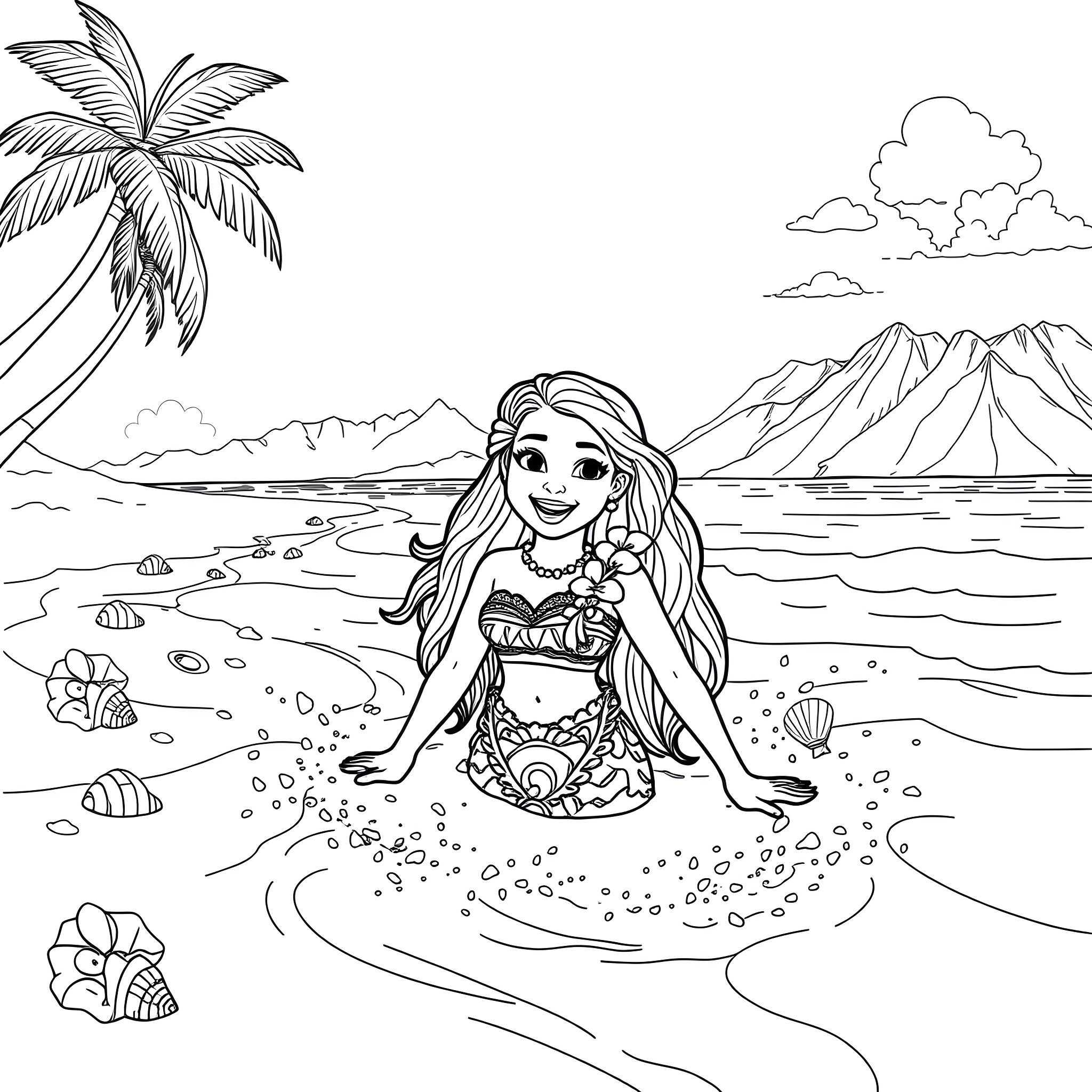 Moana enjoying the tropical beach scenery Coloring Page (free black-and-white line drawing printable PDF for all, from beginners to advanced learners, including children, teens, adults, and seniors)