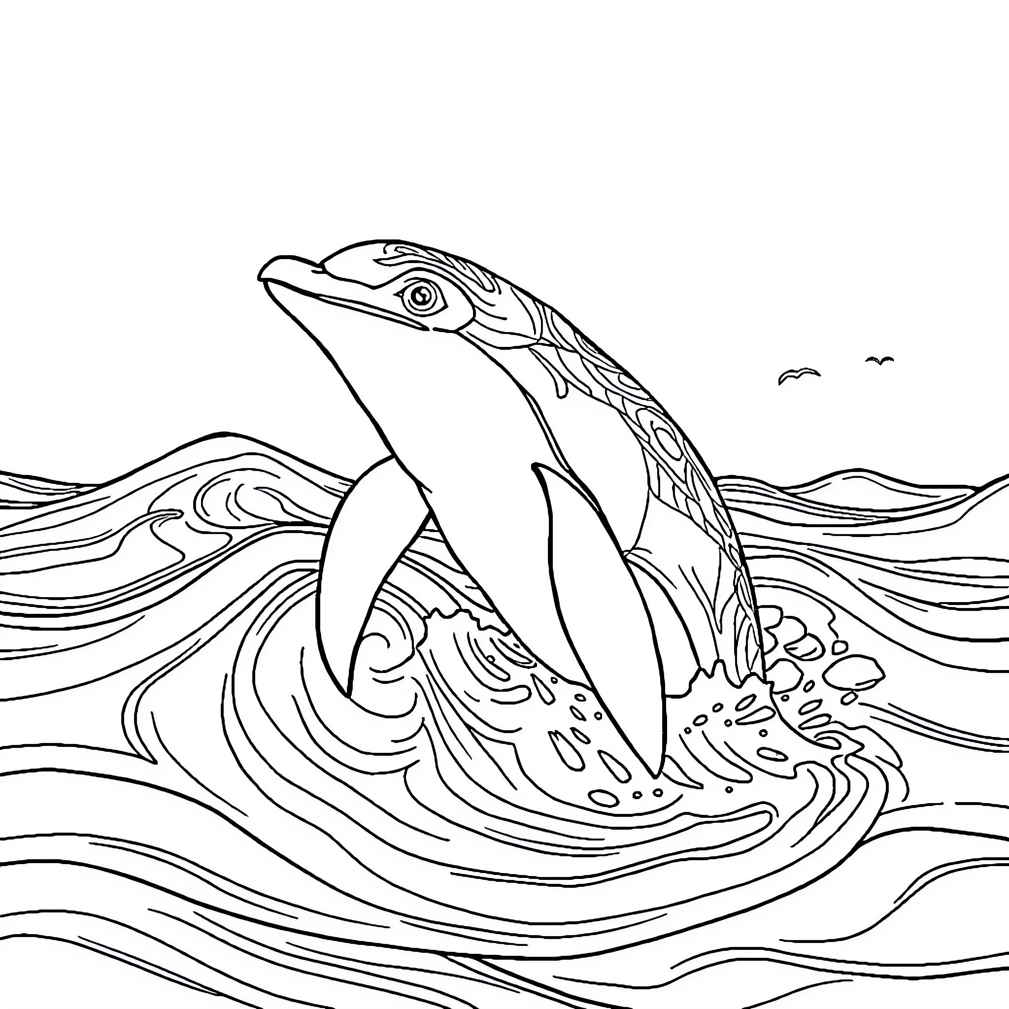 Carapuce surfing the waves in the ocean Coloring Page (free black-and-white line drawing printable PDF for all, from beginners to advanced learners, including children, teens, adults, and seniors)