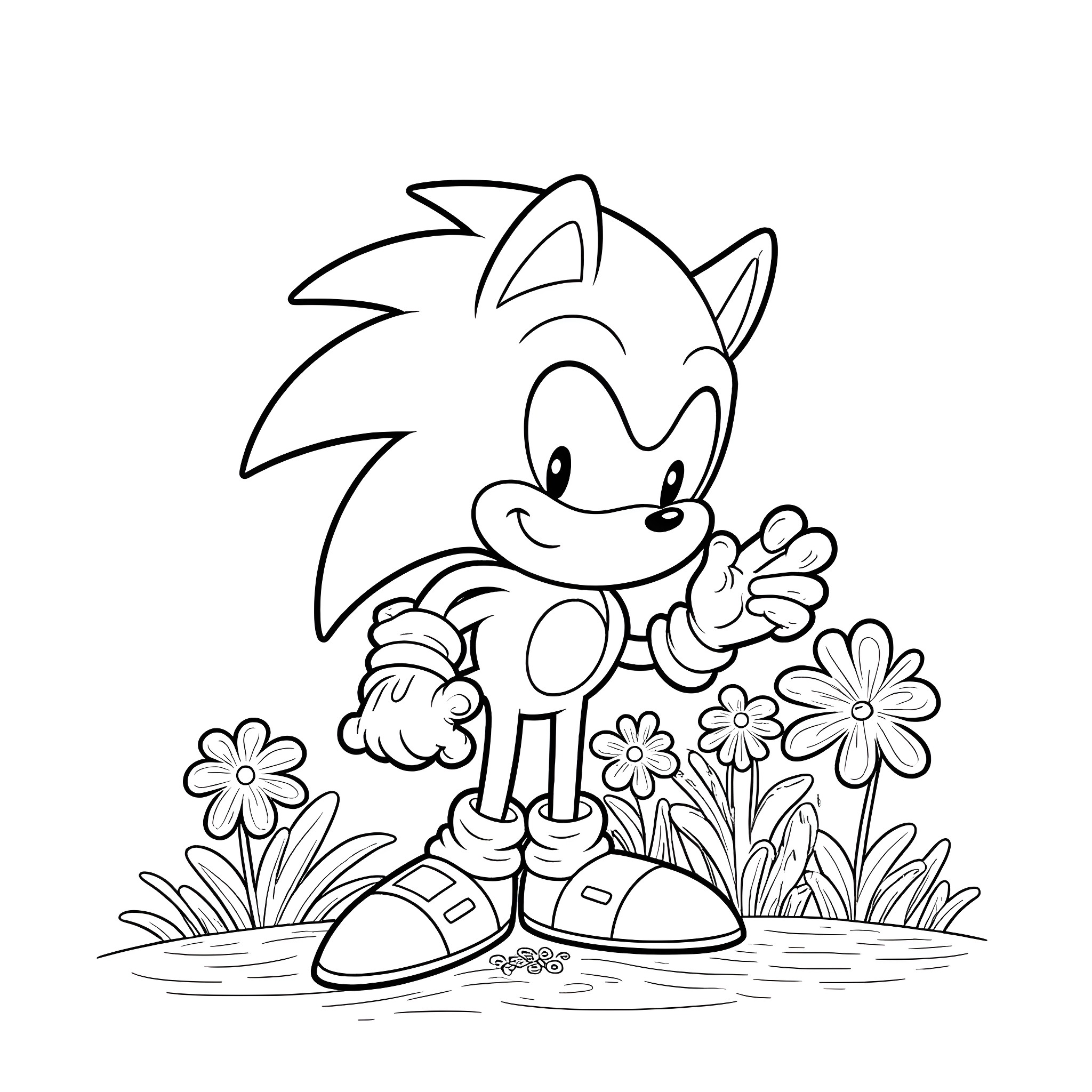 Sonic exploring a flowery meadow Coloring Page (free black-and-white line drawing printable PDF for all, from beginners to advanced learners, including children, teens, adults, and seniors)