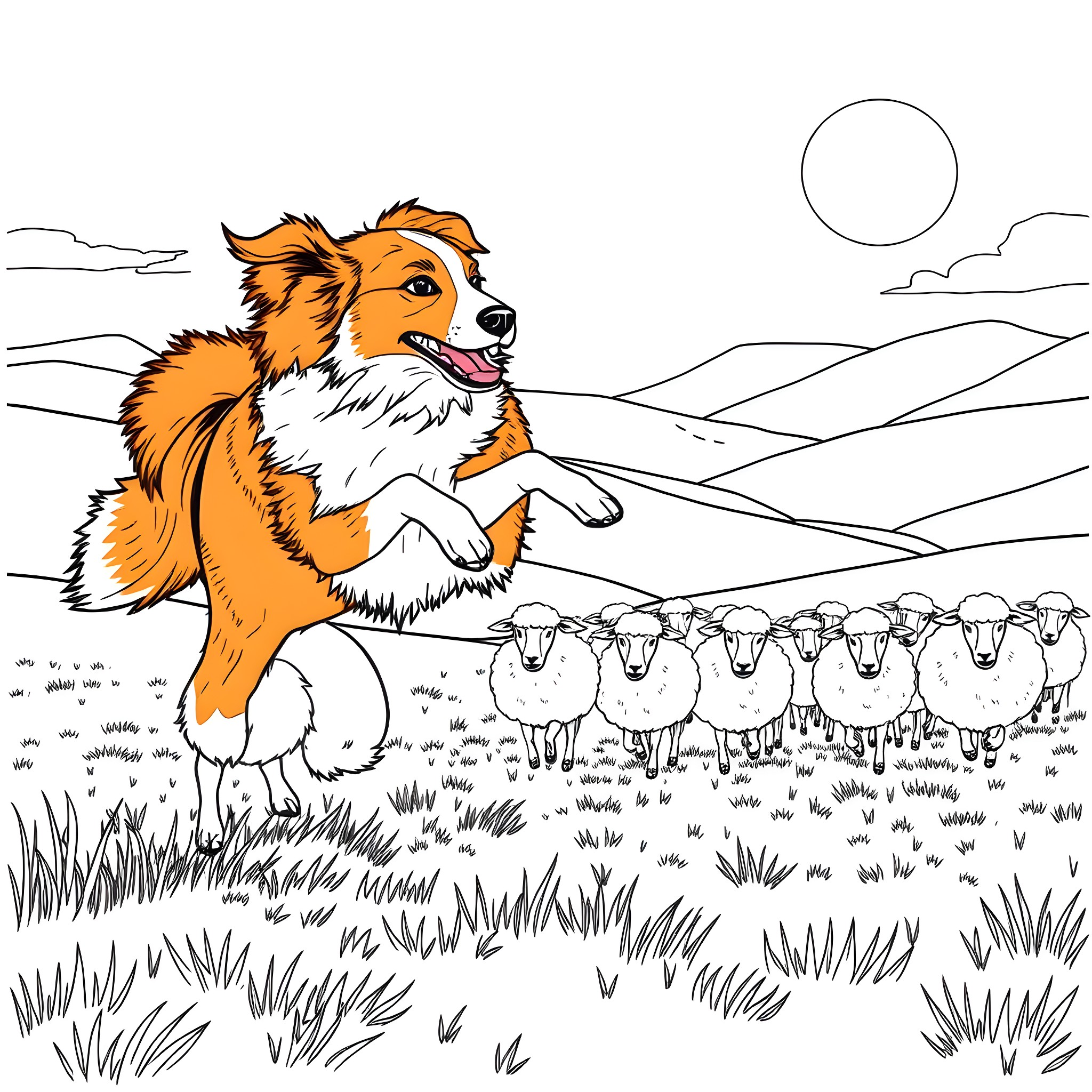 Australian Shepherd herding sheep in a countryside landscape Coloring Page (free black-and-white line drawing printable PDF for all, from beginners to advanced learners, including children, teens, adults, and seniors)