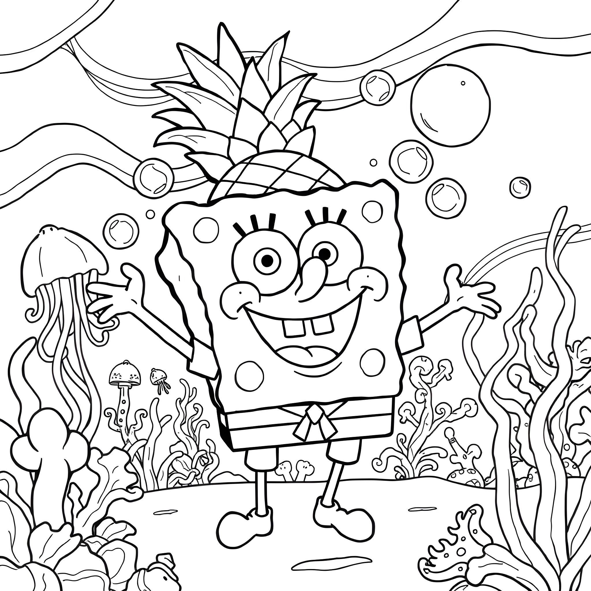 Spongebob's Underwater Adventures Coloring Page (free black-and-white line drawing printable PDF for all, from beginners to advanced learners, including children, teens, adults, and seniors)