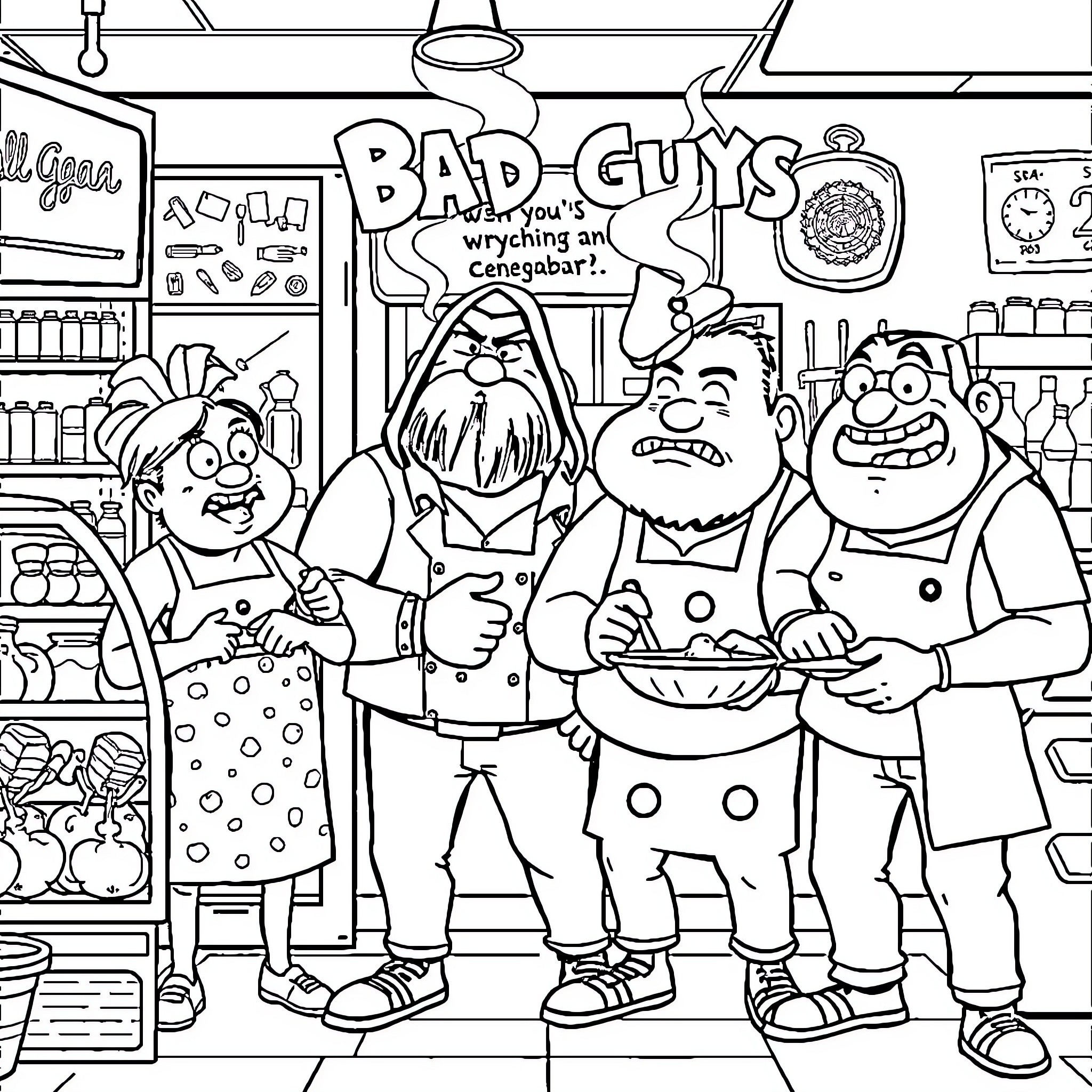 Bad Guys Causing Mischief in a Convenience Store Coloring Page (free black-and-white line drawing printable PDF for all, from beginners to advanced learners, including children, teens, adults, and seniors)