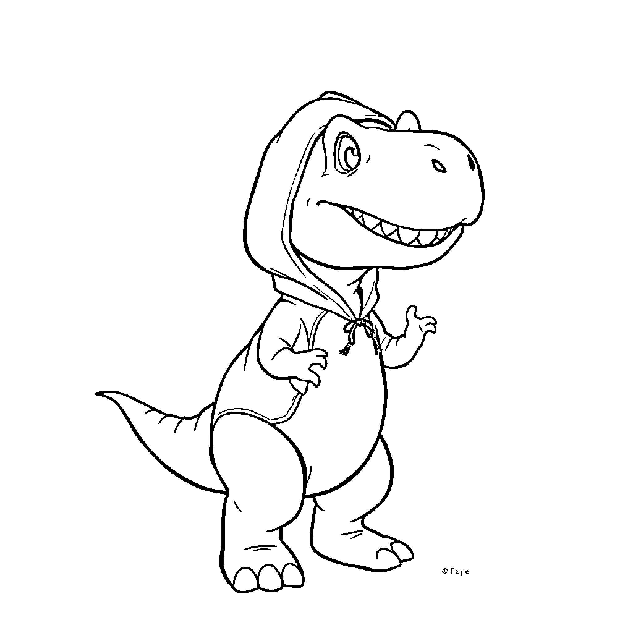 T-Rex Dinosaur Smiling and Waving Happily Coloring Page (free black-and-white line drawing printable PDF for all, from beginners to advanced learners, including children, teens, adults, and seniors)