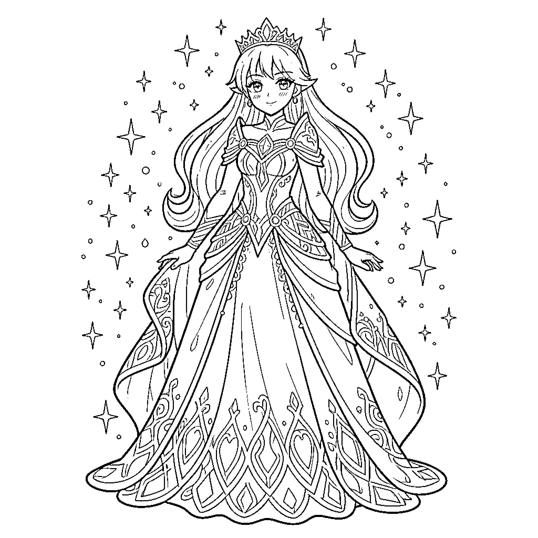 Anime Princess in Regal Attire Amid Sparkling Starry Skies Coloring Page (free black-and-white line drawing printable PDF for all, from beginners to advanced learners, including children, teens, adults, and seniors)
