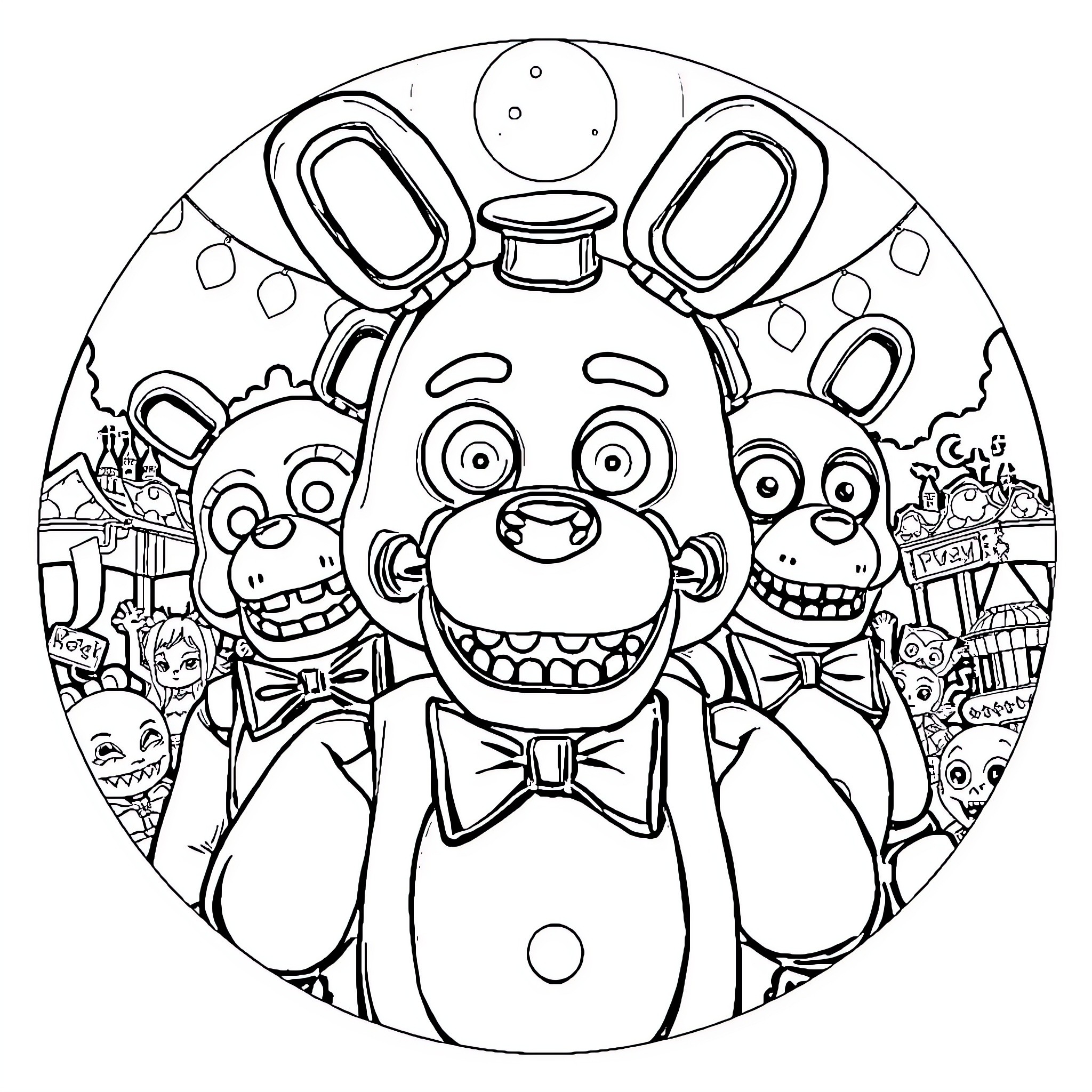 Five Nights At Freddy's - Animatronic Characters in Spooky Nighttime Scene Coloring Page (free black-and-white line drawing printable PDF for all, from beginners to advanced learners, including children, teens, adults, and seniors)