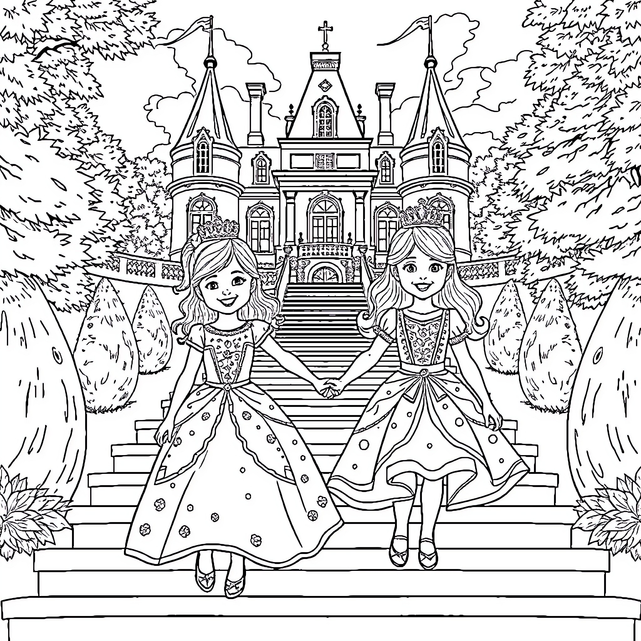Girls in Princess Dresses Sitting on Stairs in Front of Castle Coloring Page (free black-and-white line drawing printable PDF for all, from beginners to advanced learners, including children, teens, adults, and seniors)