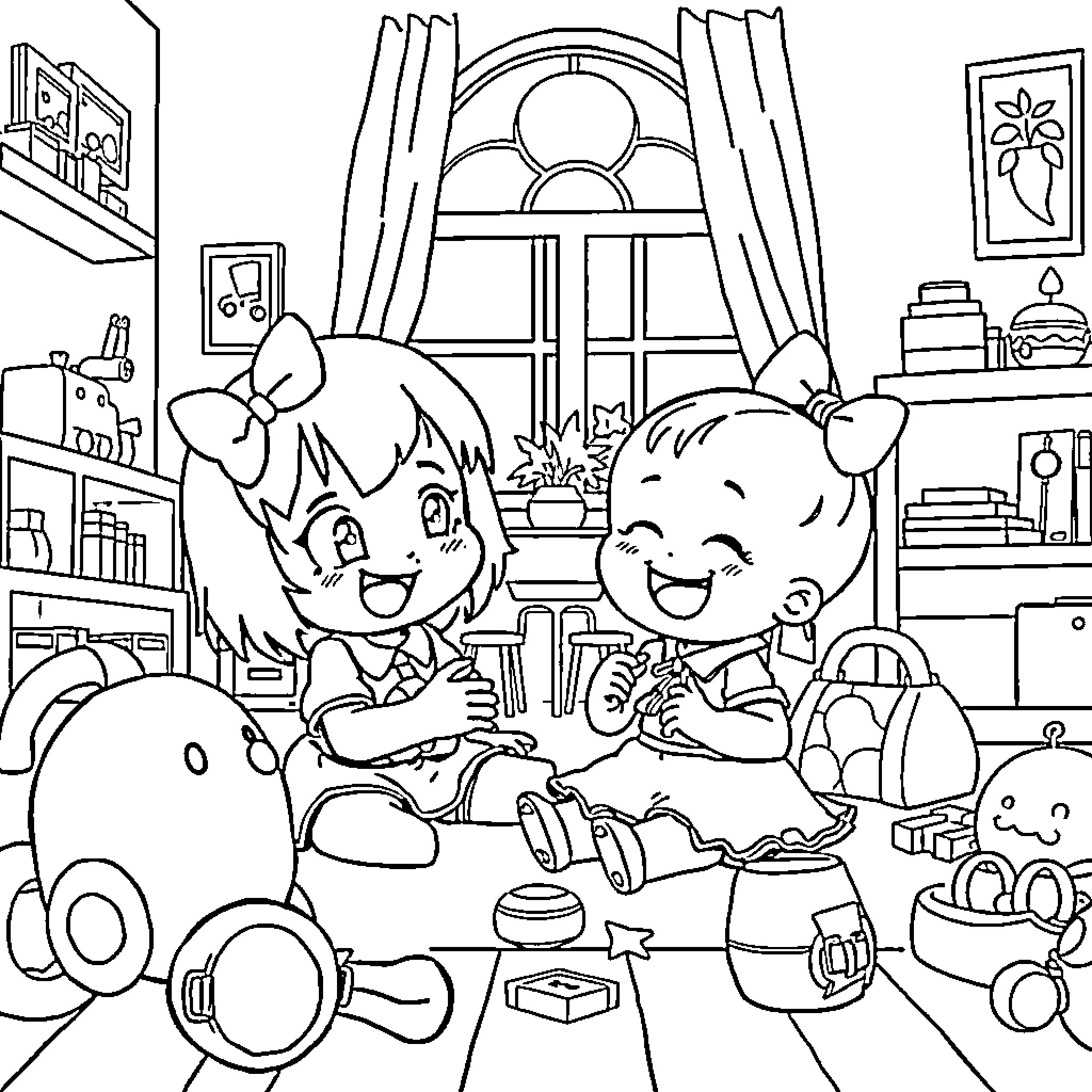 Kuromi and friends in a playful and lively indoor scene Coloring Page (free black-and-white line drawing printable PDF for all, from beginners to advanced learners, including children, teens, adults, and seniors)