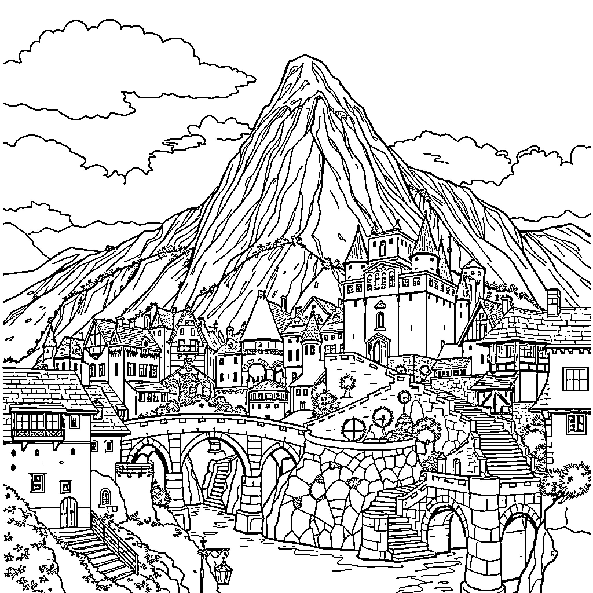 Castle nestled in a dramatic mountainous landscape Coloring Page (free black-and-white line drawing printable PDF for all, from beginners to advanced learners, including children, teens, adults, and seniors)