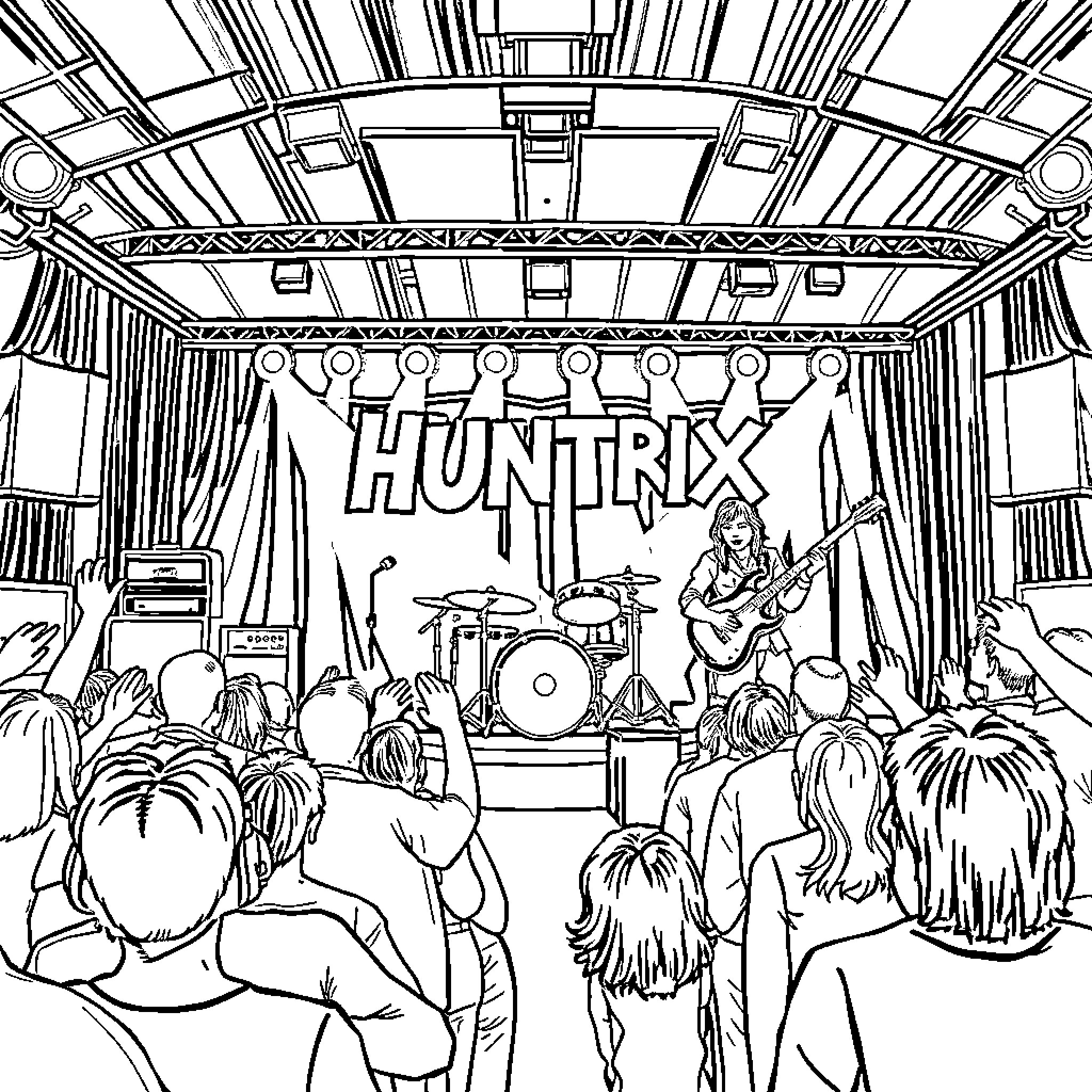 Huntrix Live Performance on Stage Coloring Page (free black-and-white line drawing printable PDF for all, from beginners to advanced learners, including children, teens, adults, and seniors)