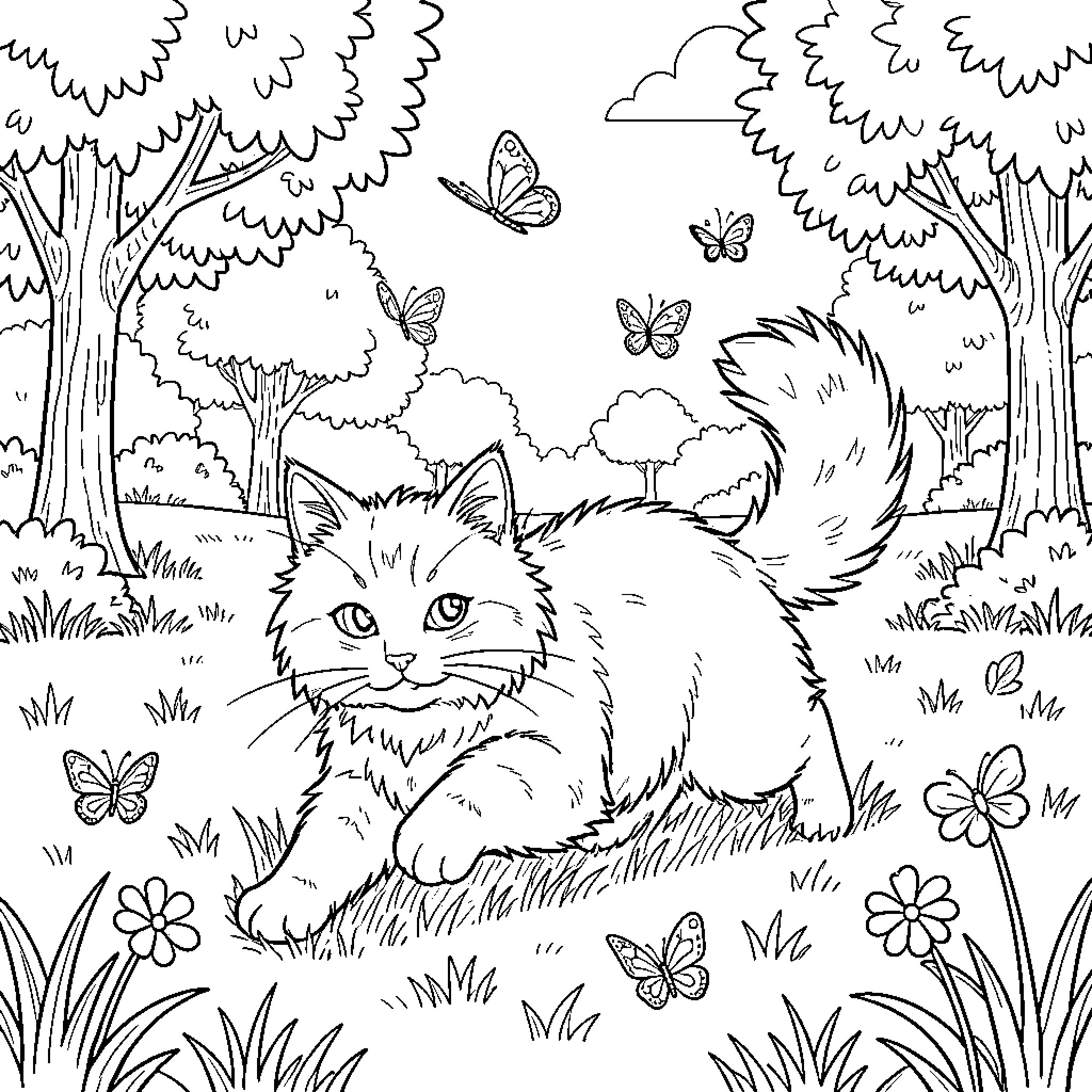 Cat sitting in a forest surrounded by butterflies Coloring Page (free black-and-white line drawing printable PDF for all, from beginners to advanced learners, including children, teens, adults, and seniors)