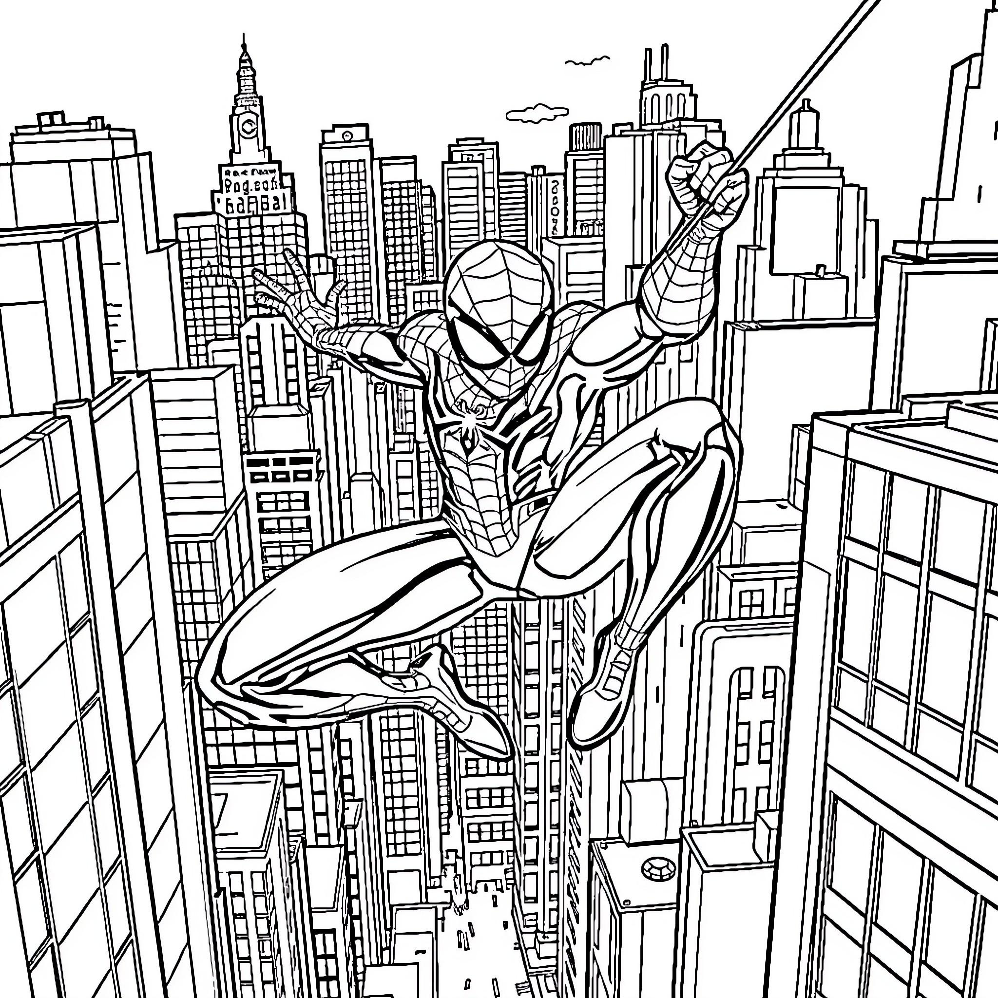 Spider hero soaring through the city skyline Coloring Page (free black-and-white line drawing printable PDF for all, from beginners to advanced learners, including children, teens, adults, and seniors)