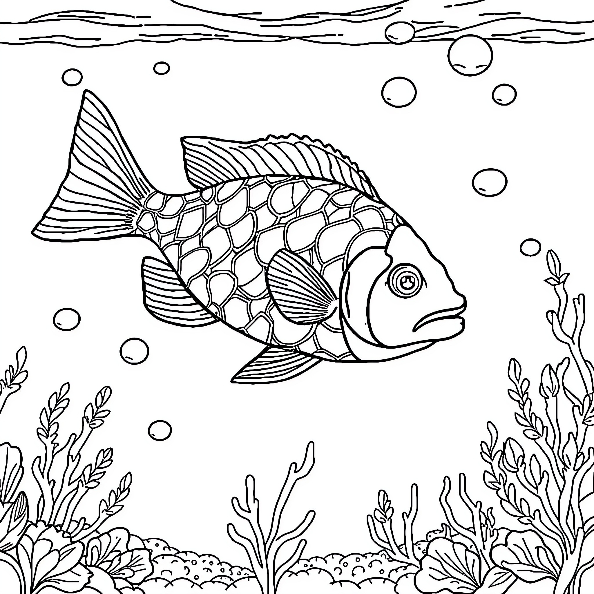 Fish swimming among coral reefs and bubbles Coloring Page (free black-and-white line drawing printable PDF for all, from beginners to advanced learners, including children, teens, adults, and seniors)