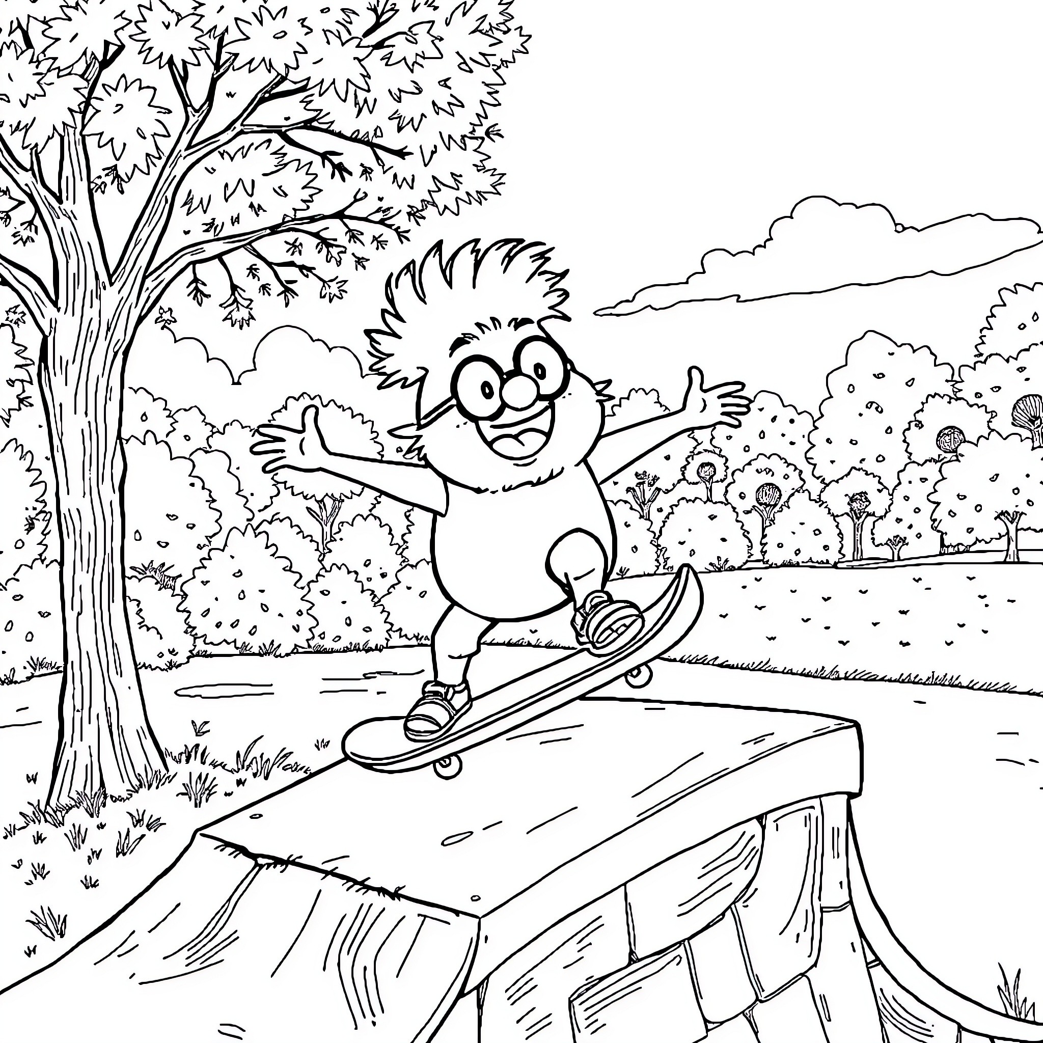 Spongebob skates on a cliff edge in the wilderness Coloring Page (free black-and-white line drawing printable PDF for all, from beginners to advanced learners, including children, teens, adults, and seniors)