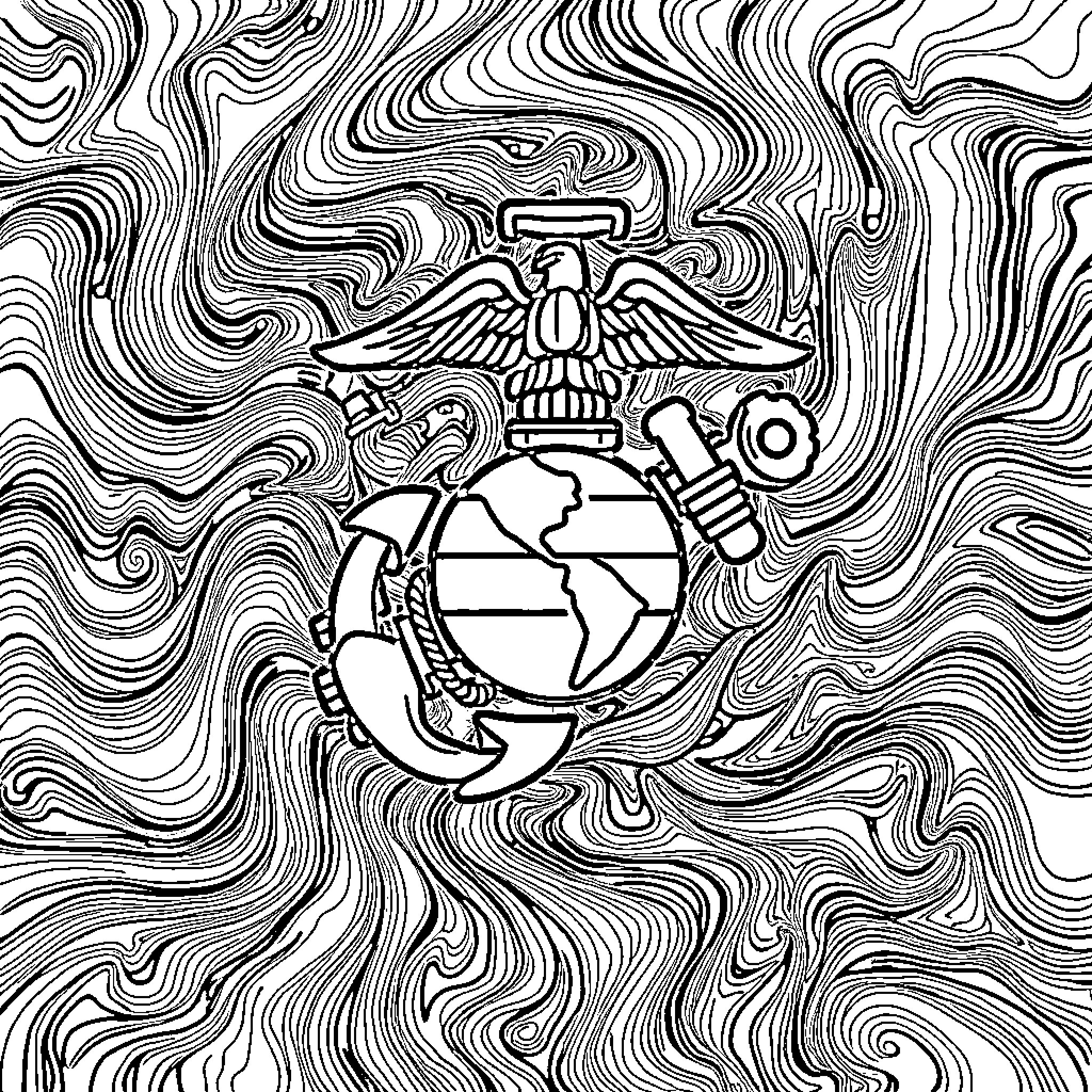 US Marine Corps Emblem Amid Swirling Abstract Patterns Coloring Page (free black-and-white line drawing printable PDF for all, from beginners to advanced learners, including children, teens, adults, and seniors)
