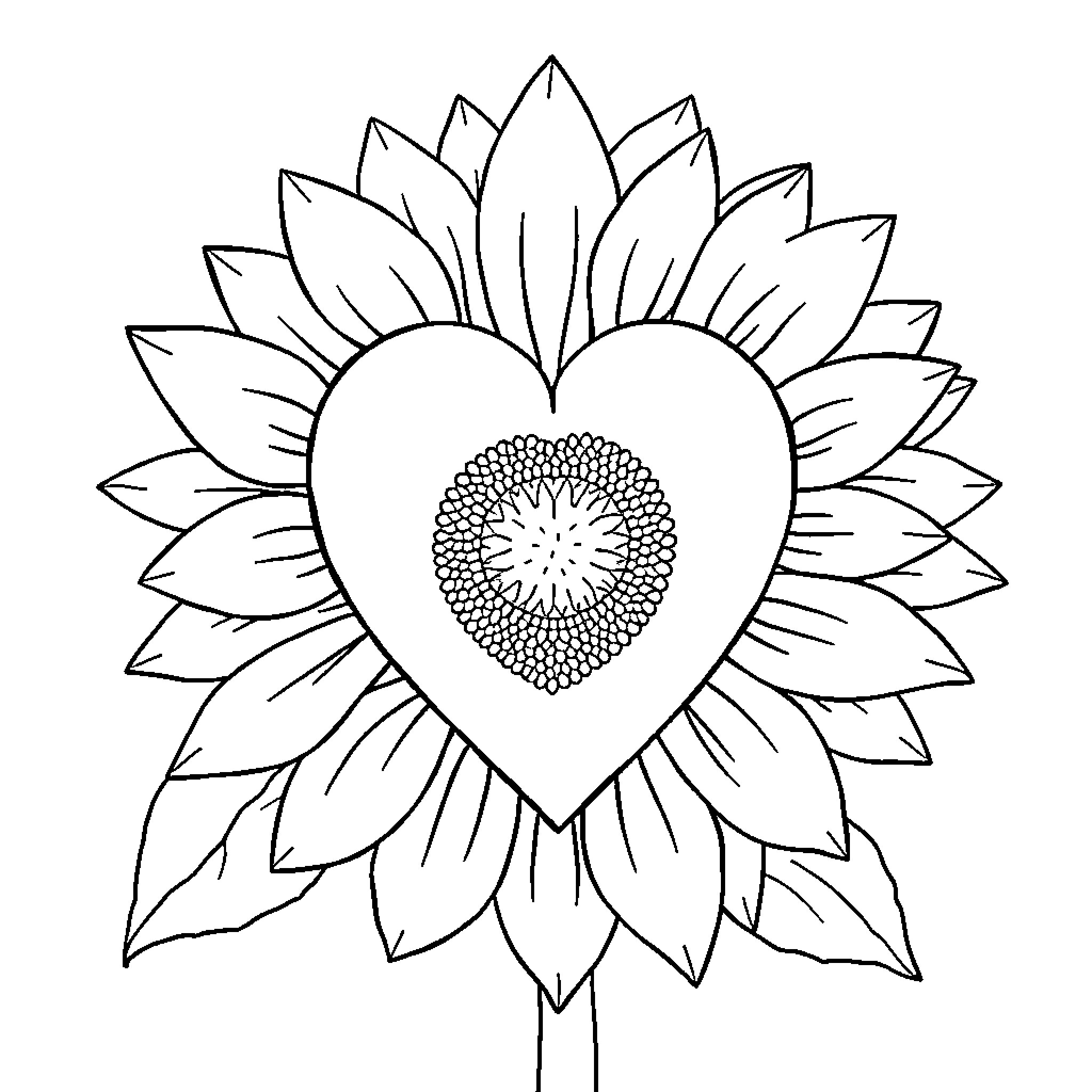 Sunflower heart with intricate petals Coloring Page (free black-and-white line drawing printable PDF for all, from beginners to advanced learners, including children, teens, adults, and seniors)
