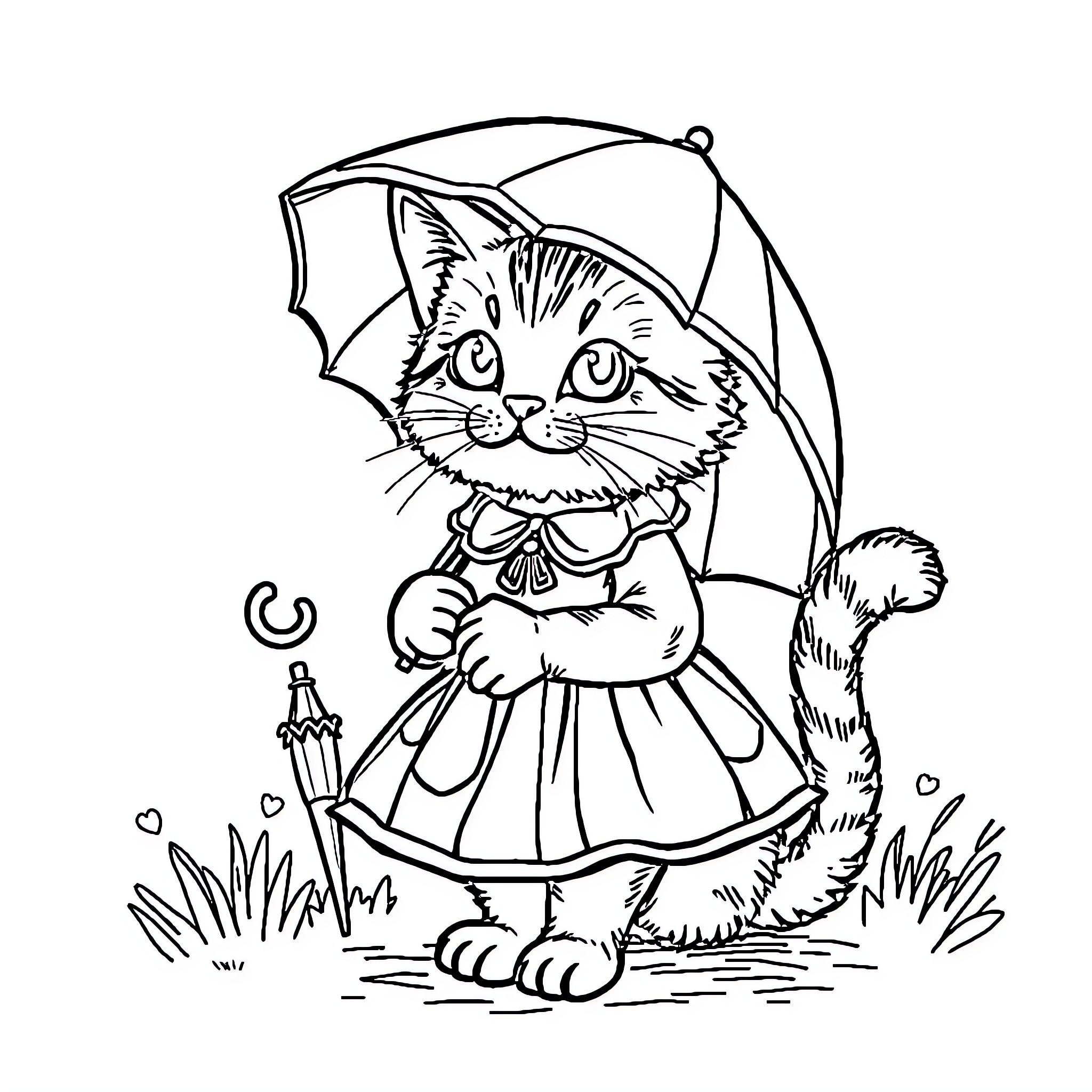 Cat in Rainy Day Outfit Coloring Page (free black-and-white line drawing printable PDF for all, from beginners to advanced learners, including children, teens, adults, and seniors)