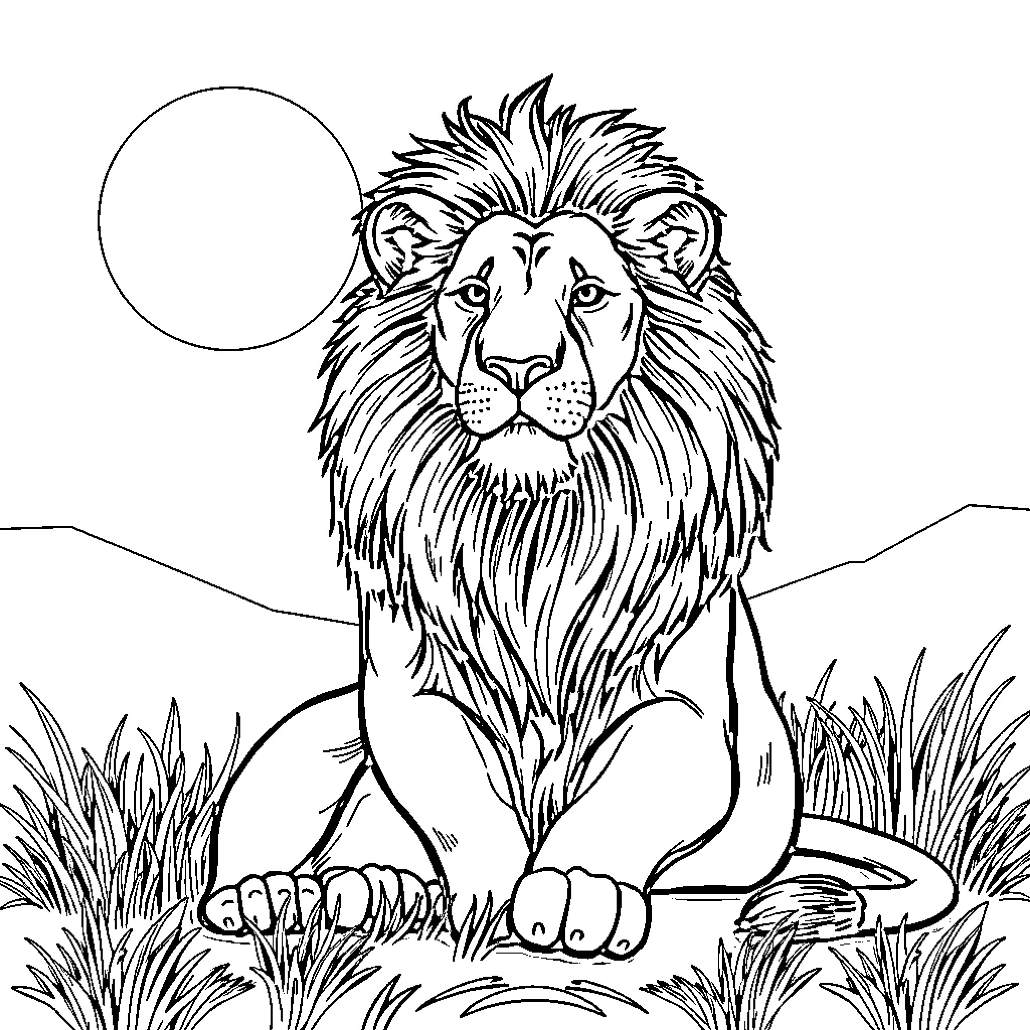 Lion resting in the grass under the moon Coloring Page (free black-and-white line drawing printable PDF for all, from beginners to advanced learners, including children, teens, adults, and seniors)