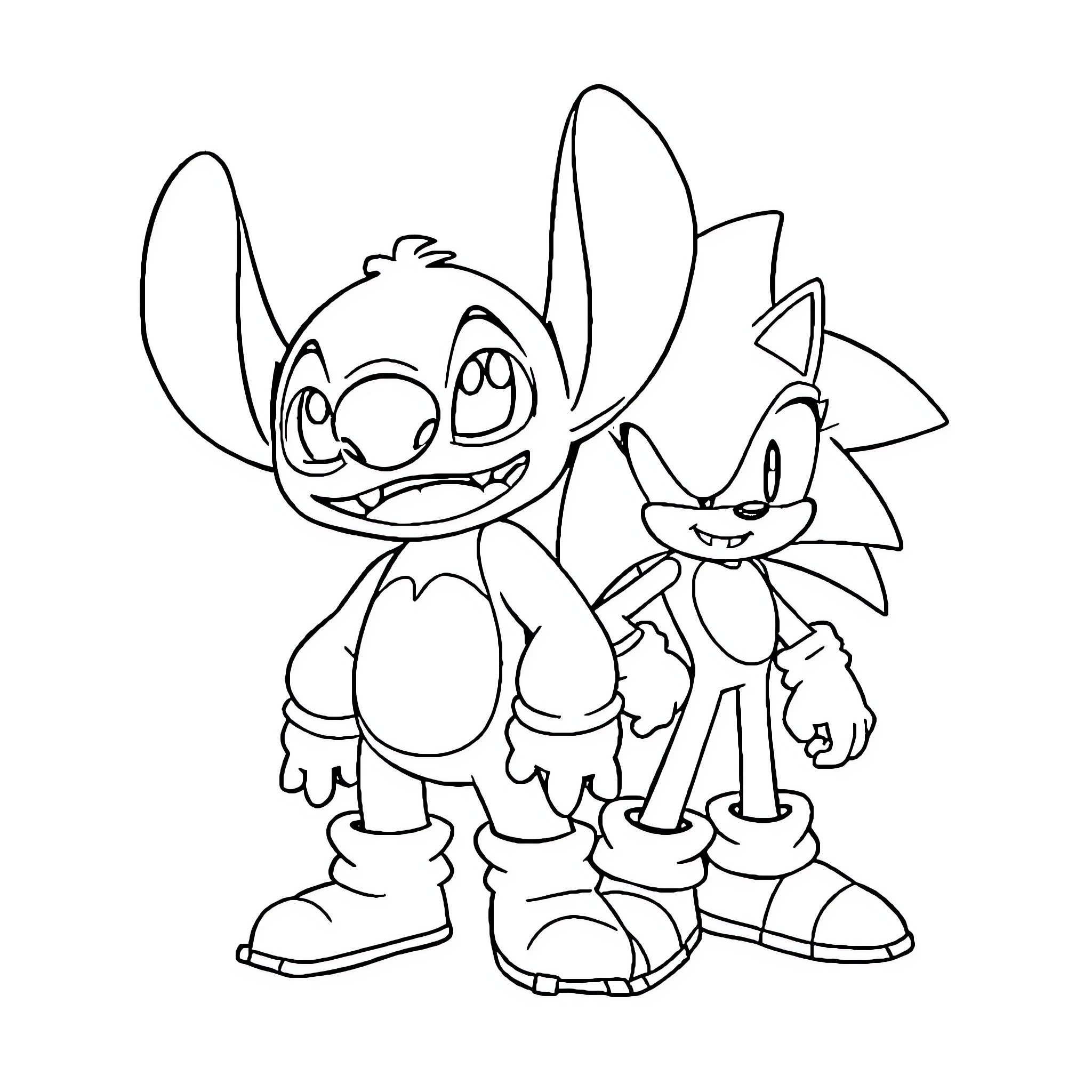 Stitch and Sonic Cartoon Characters Posing Coloring Page (free black-and-white line drawing printable PDF for all, from beginners to advanced learners, including children, teens, adults, and seniors)