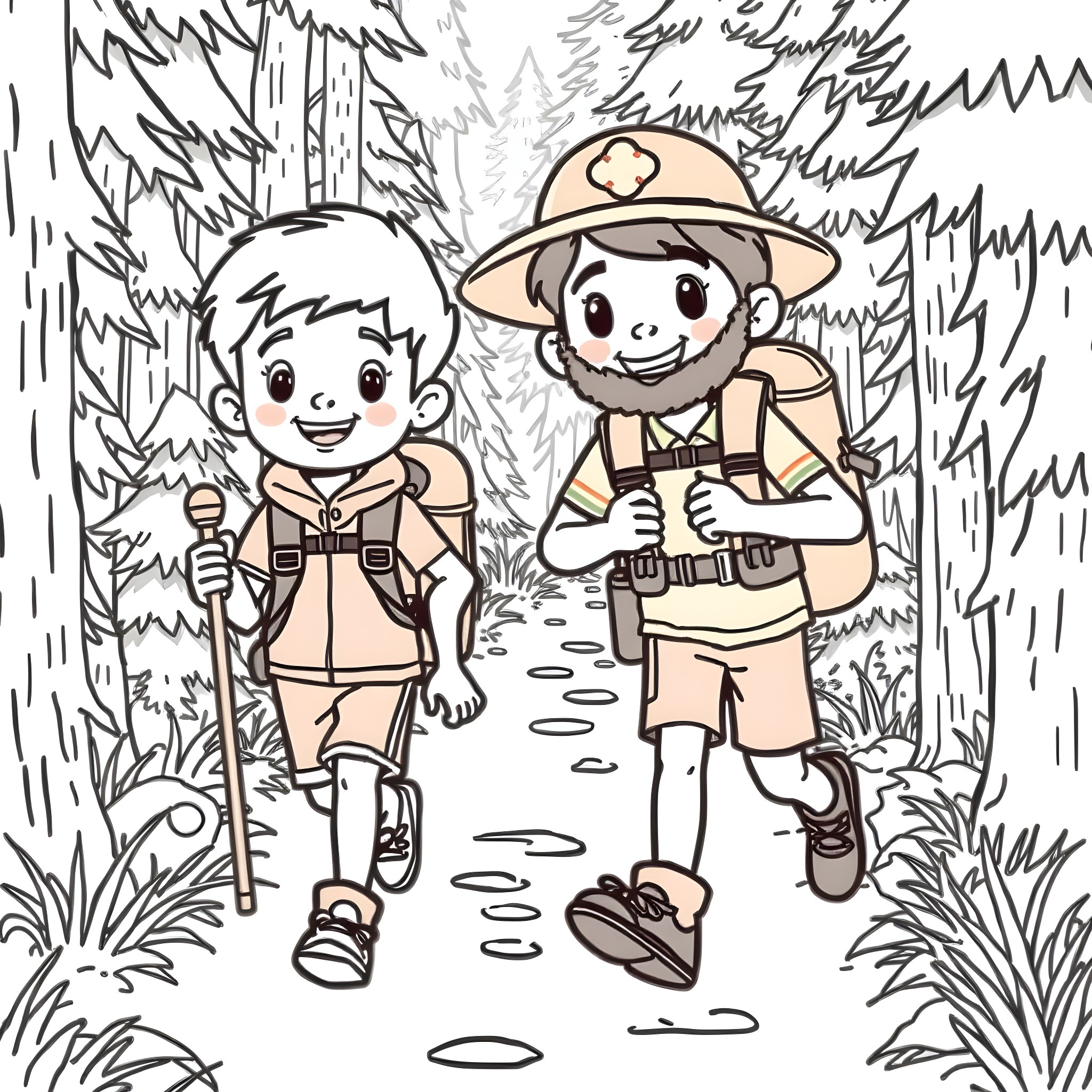 David's Adventure in the Forest Coloring Page (free black-and-white line drawing printable PDF for all, from beginners to advanced learners, including children, teens, adults, and seniors)