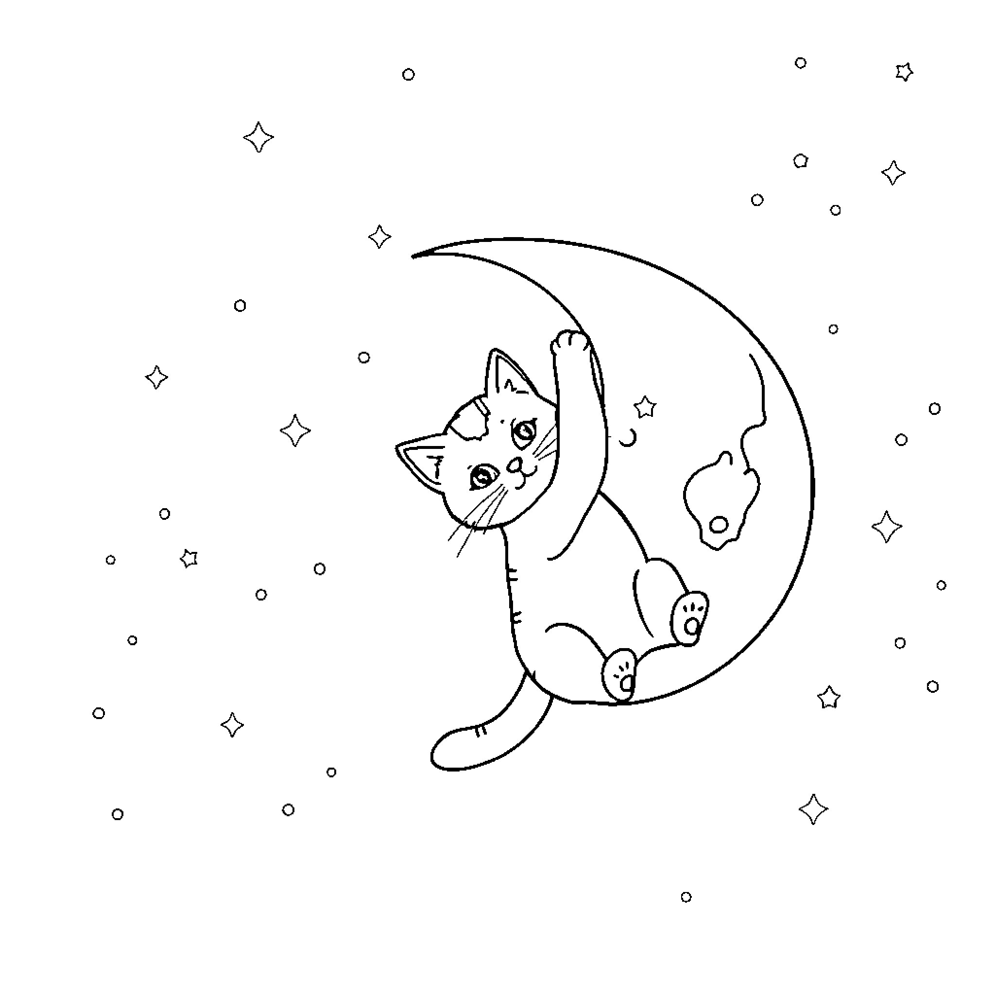 Cat playing on a crescent moon Coloring Page (free black-and-white line drawing printable PDF for all, from beginners to advanced learners, including children, teens, adults, and seniors)