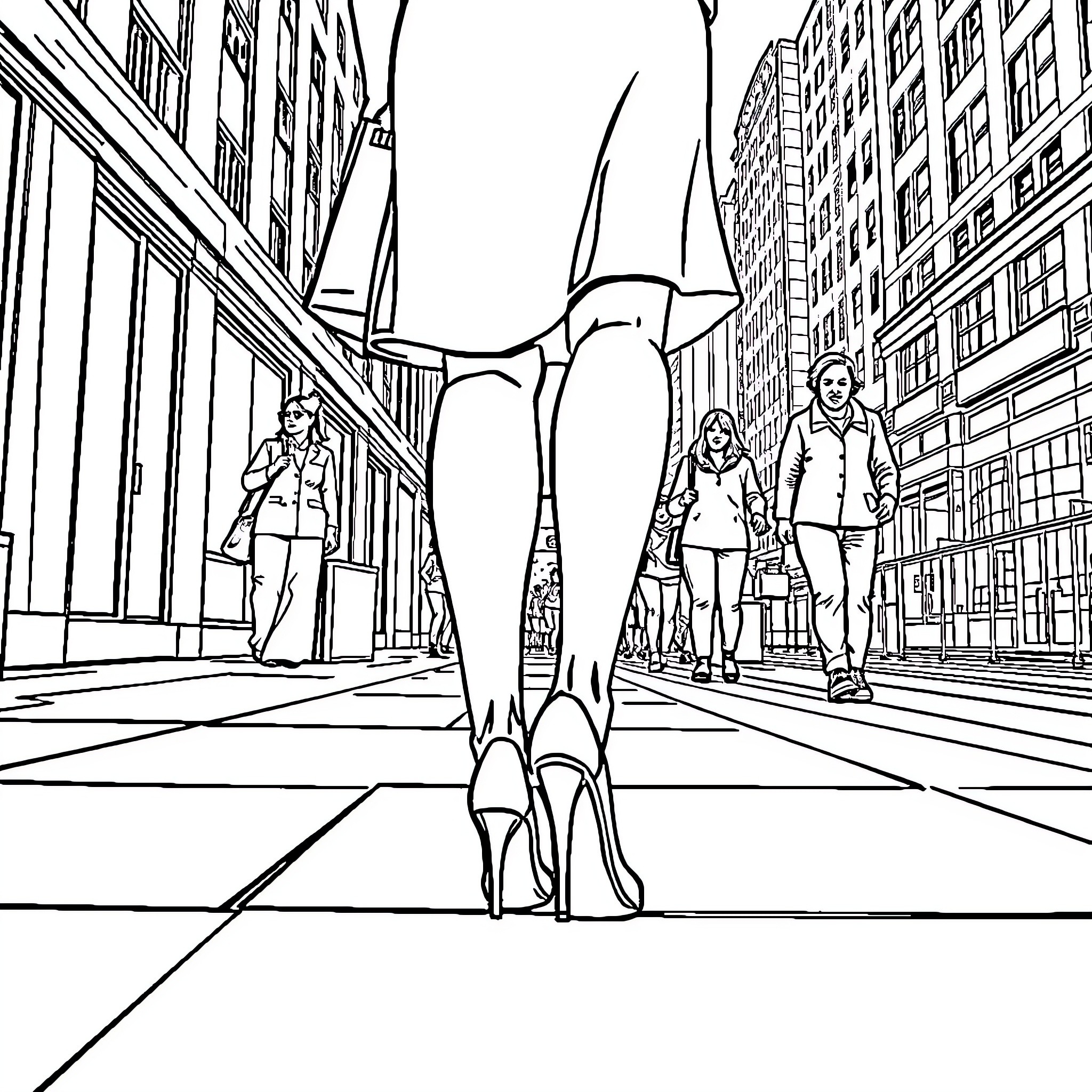 Woman walking confidently through city streets Coloring Page (free black-and-white line drawing printable PDF for all, from beginners to advanced learners, including children, teens, adults, and seniors)