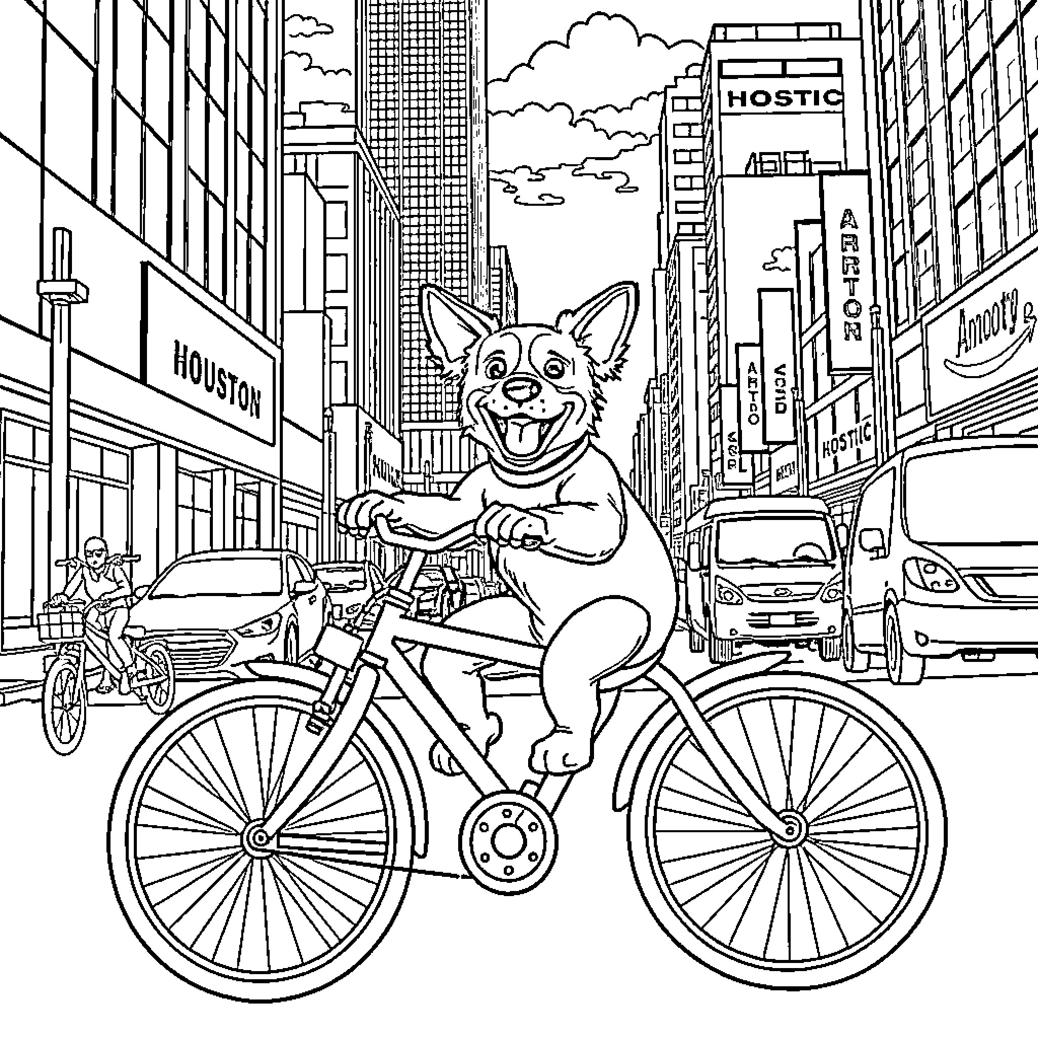 Dog Riding Bicycle in Busy City Street Coloring Page (free black-and-white line drawing printable PDF for all, from beginners to advanced learners, including children, teens, adults, and seniors)