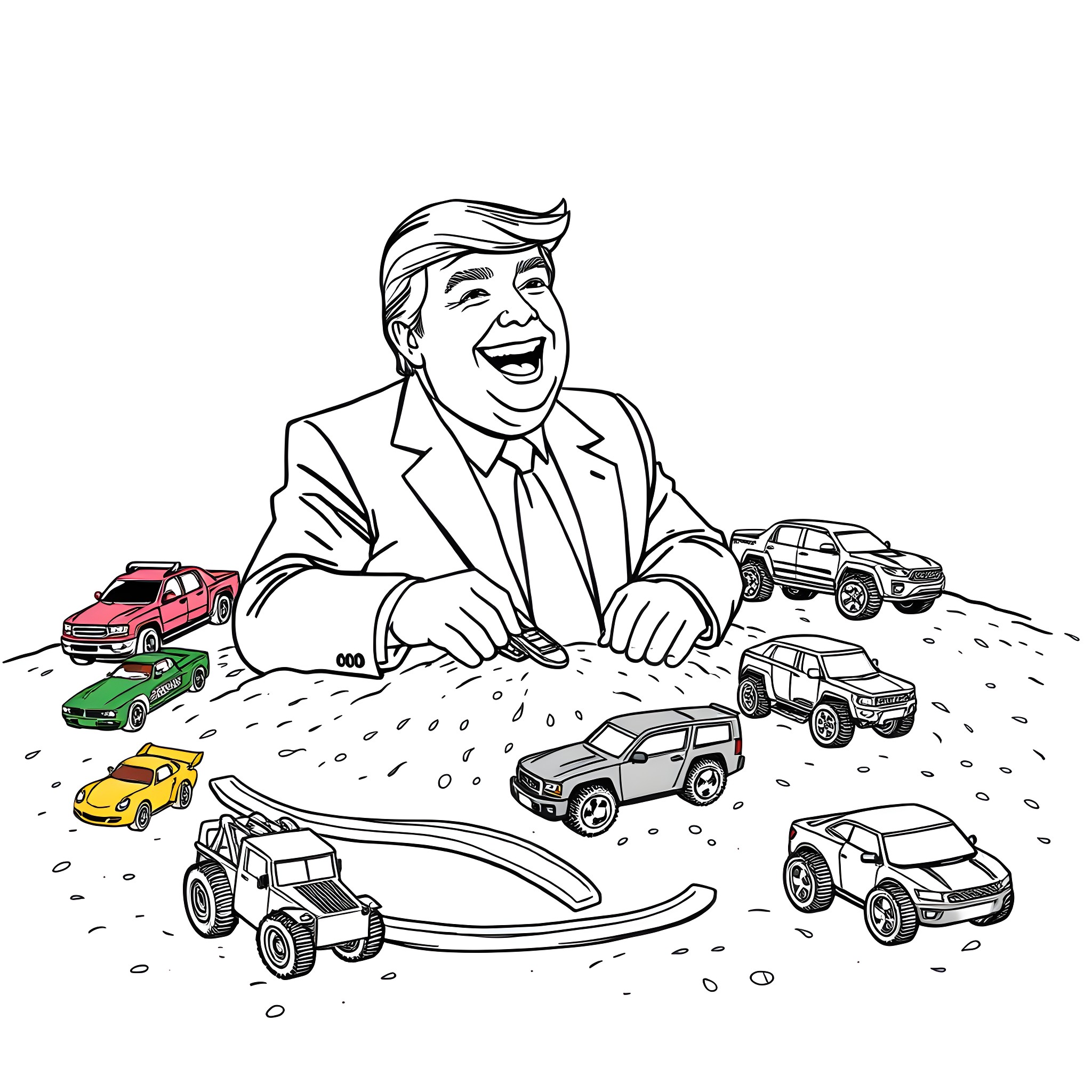 Trump playing with toy cars on a desk Coloring Page (free black-and-white line drawing printable PDF for all, from beginners to advanced learners, including children, teens, adults, and seniors)