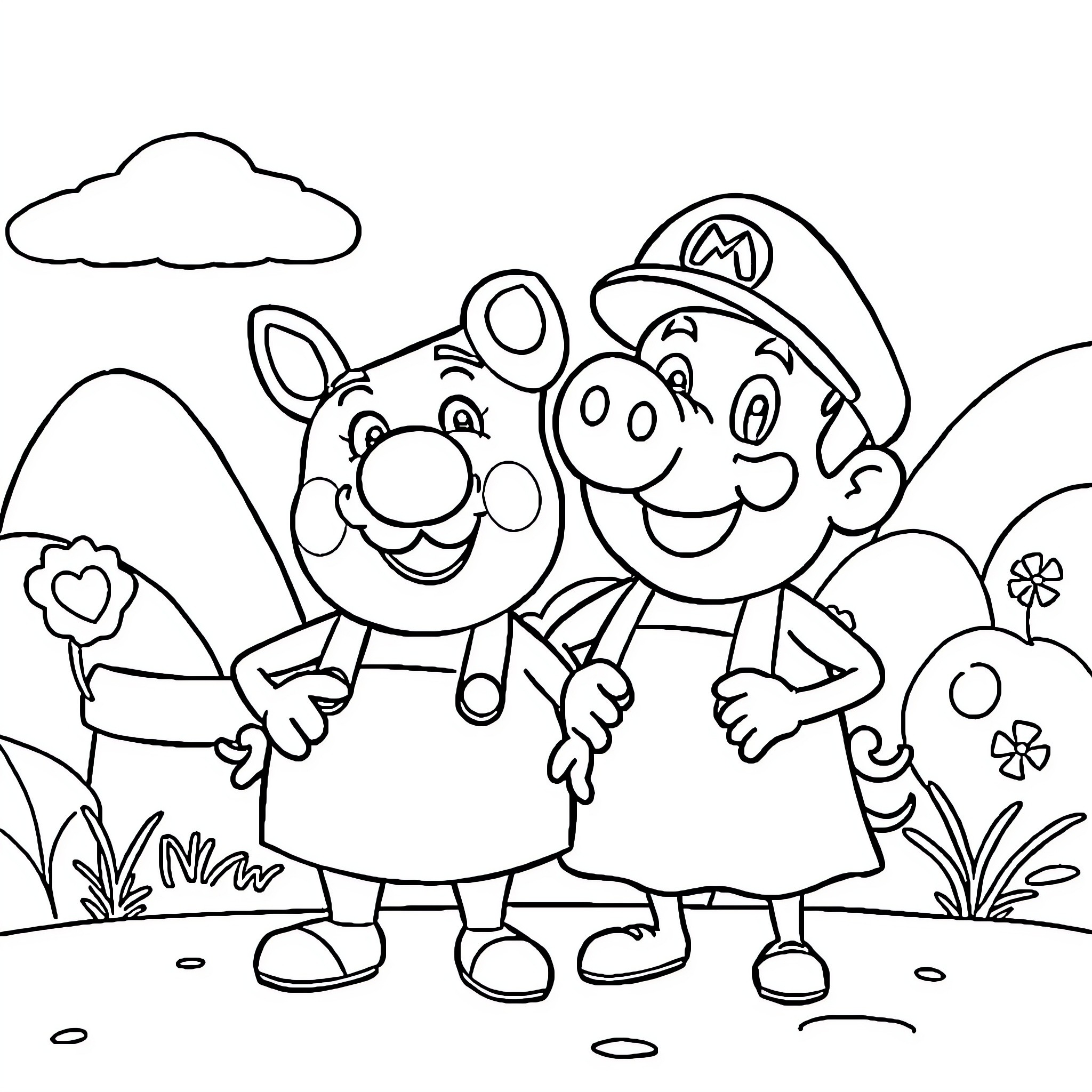 Pepa Pig and Mario in a Playful Outdoor Scene Coloring Page (free black-and-white line drawing printable PDF for all, from beginners to advanced learners, including children, teens, adults, and seniors)