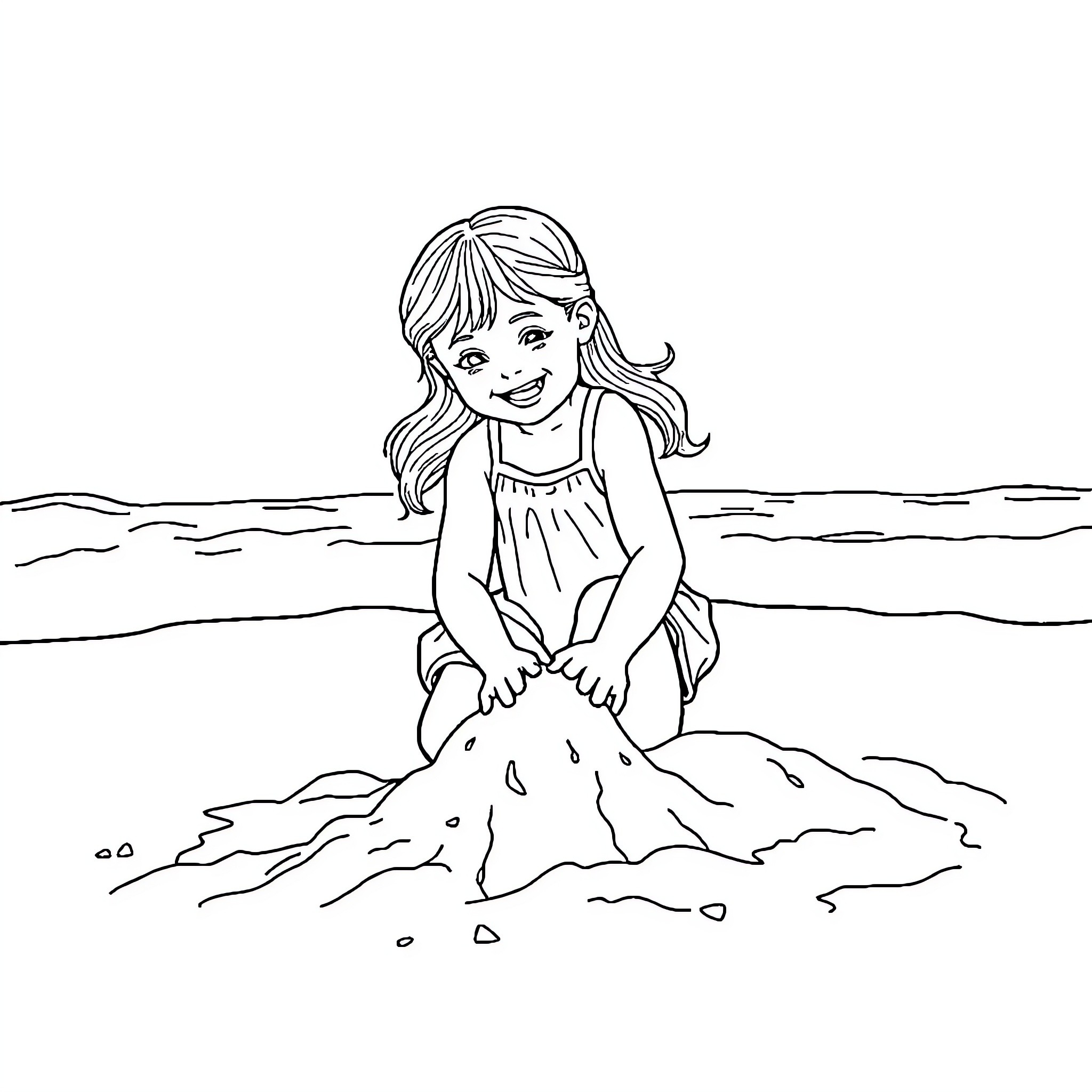 Girl building sandcastle on the beach Coloring Page (free black-and-white line drawing printable PDF for all, from beginners to advanced learners, including children, teens, adults, and seniors)