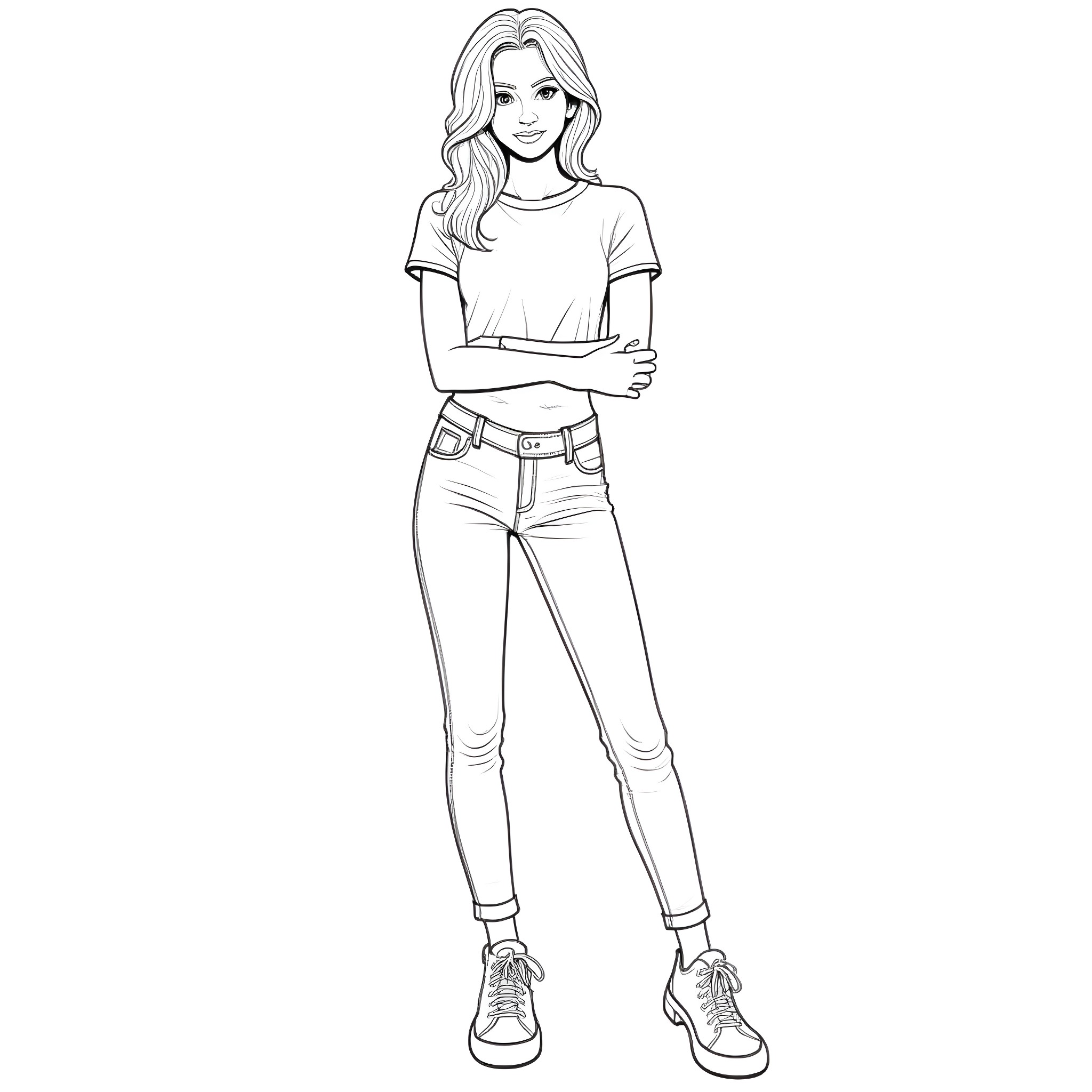 Model with casual outfit posing confidently Coloring Page (free black-and-white line drawing printable PDF for all, from beginners to advanced learners, including children, teens, adults, and seniors)