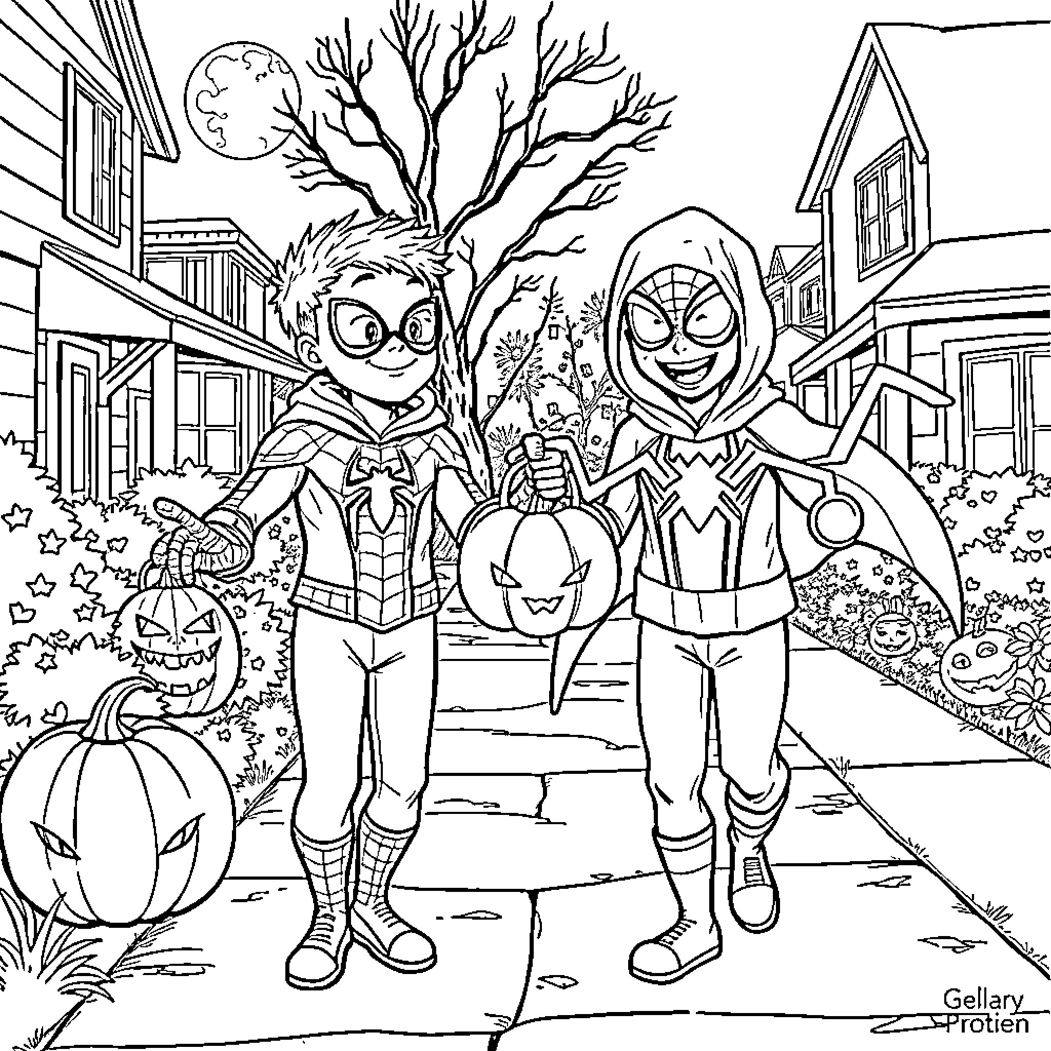 Spider-Kids Trick-or-Treating on Halloween Night Coloring Page (free black-and-white line drawing printable PDF for all, from beginners to advanced learners, including children, teens, adults, and seniors)