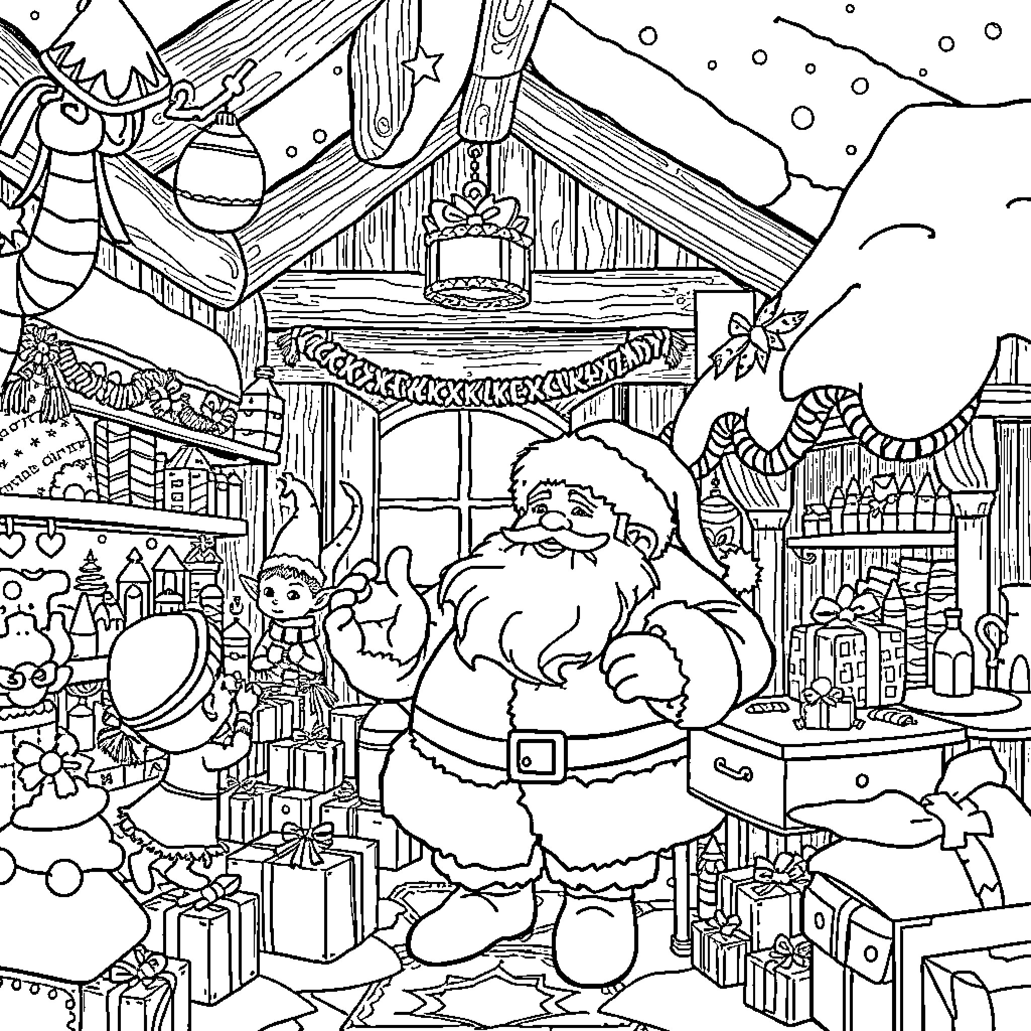 Santa Claus preparing for Christmas in a magical workshop Coloring Page (free black-and-white line drawing printable PDF for all, from beginners to advanced learners, including children, teens, adults, and seniors)