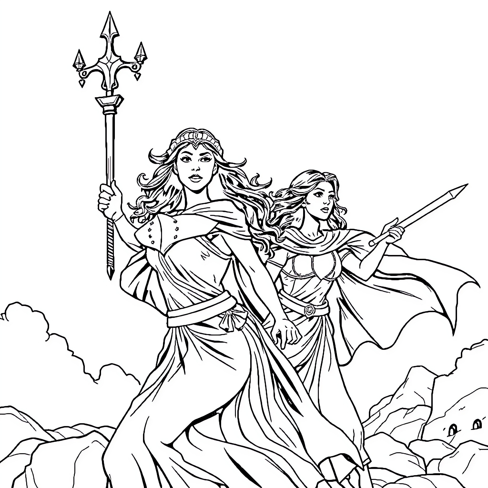 Coronilla Heroines on a Bold Adventure Coloring Page (free black-and-white line drawing printable PDF for all, from beginners to advanced learners, including children, teens, adults, and seniors)
