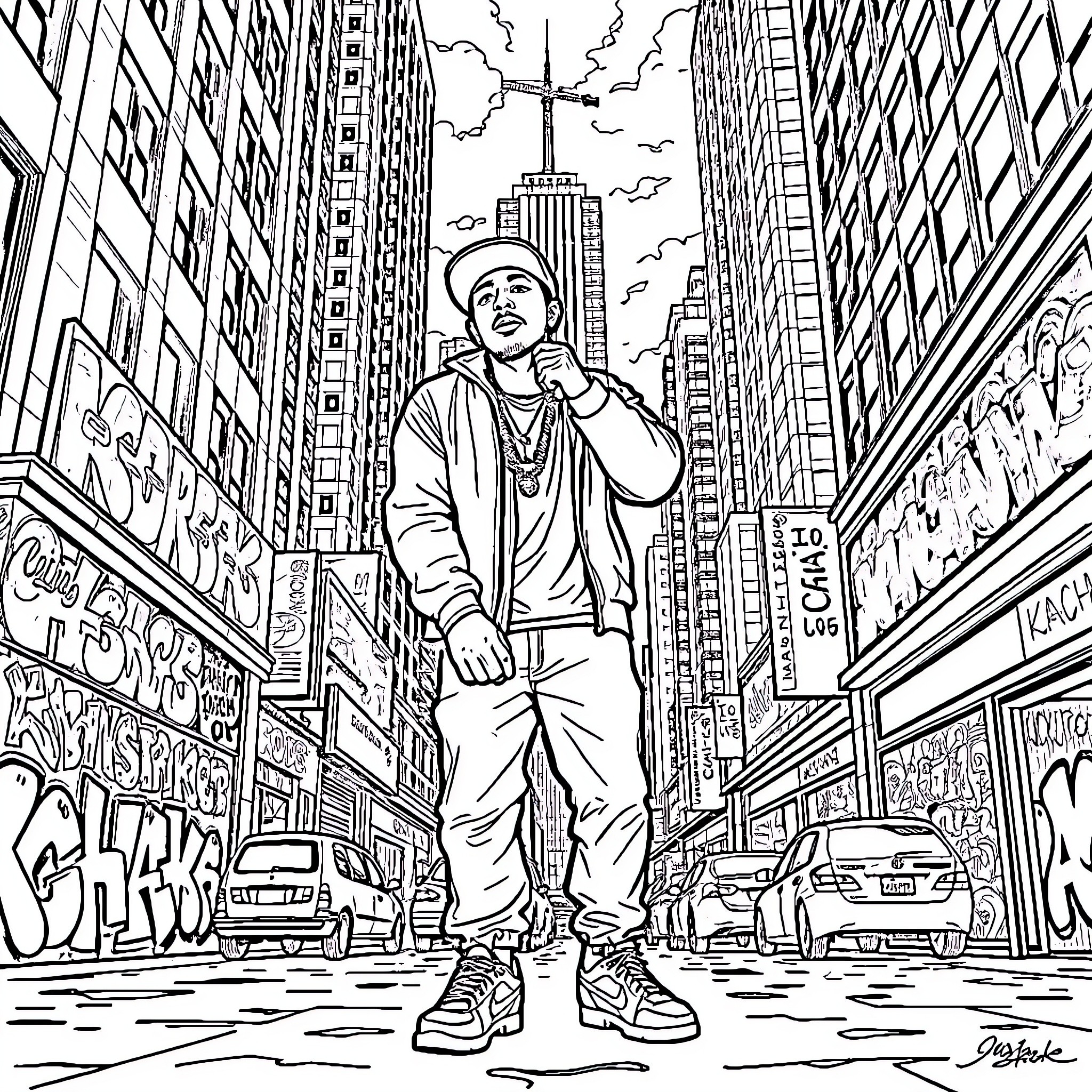Rapper performing on the city streets Coloring Page (free black-and-white line drawing printable PDF for all, from beginners to advanced learners, including children, teens, adults, and seniors)