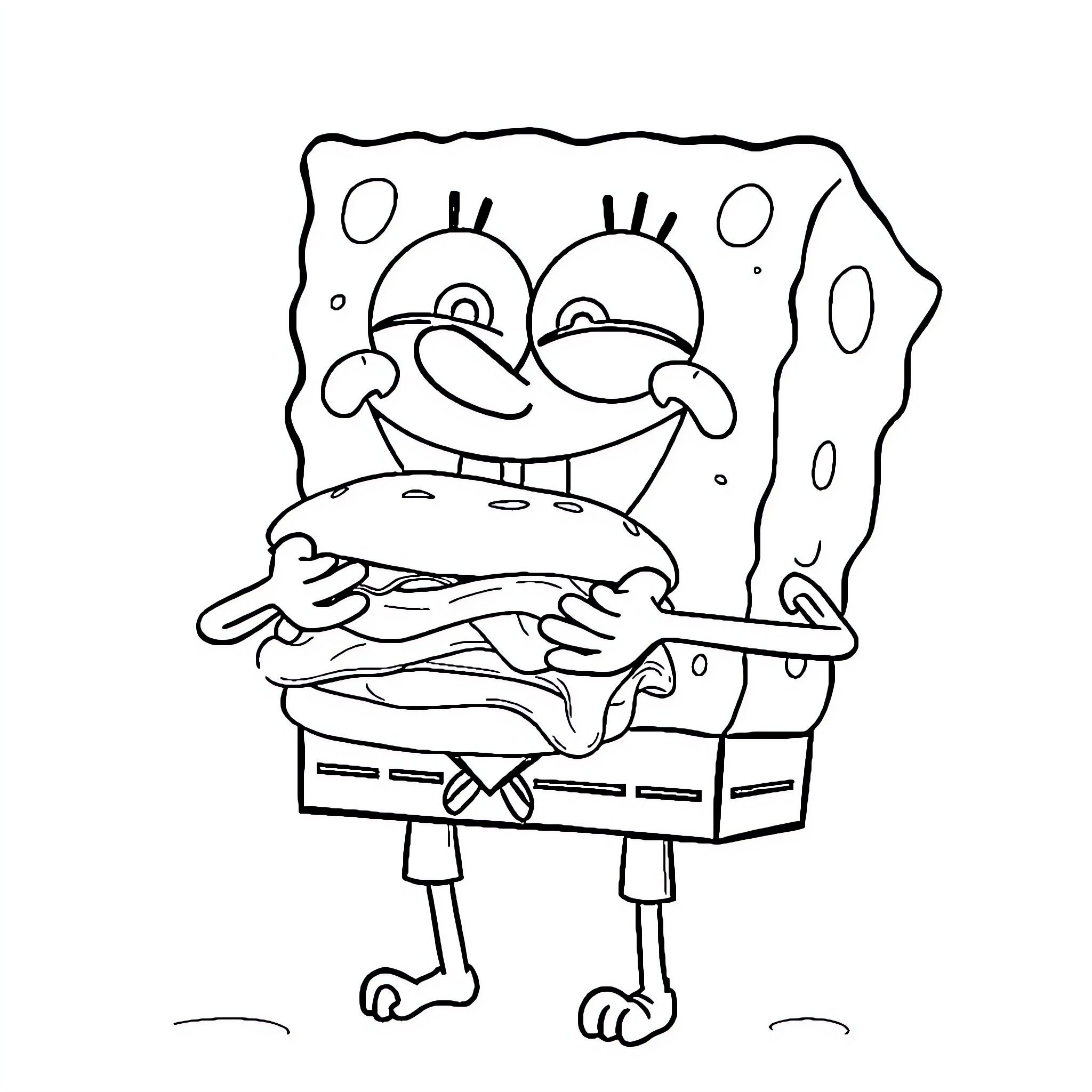 Spongebob enjoying a tasty burger Coloring Page (free black-and-white line drawing printable PDF for all, from beginners to advanced learners, including children, teens, adults, and seniors)