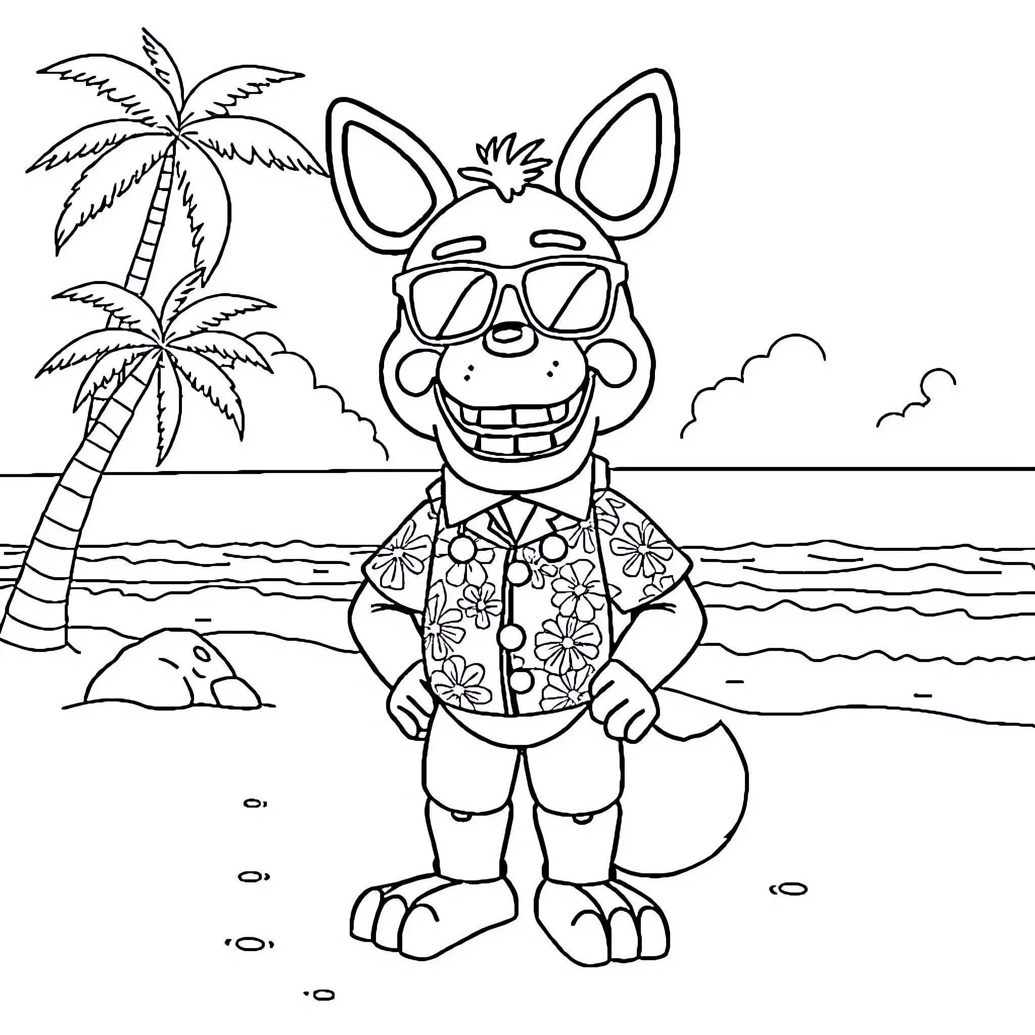 Foxy creature enjoying a day at the beach Coloring Page (free black-and-white line drawing printable PDF for all, from beginners to advanced learners, including children, teens, adults, and seniors)