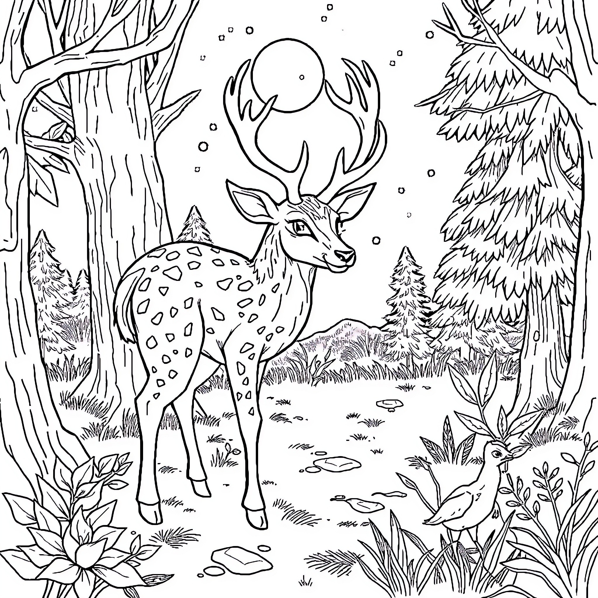 Deer in a Whimsical Forest Landscape Coloring Page (free black-and-white line drawing printable PDF for all, from beginners to advanced learners, including children, teens, adults, and seniors)