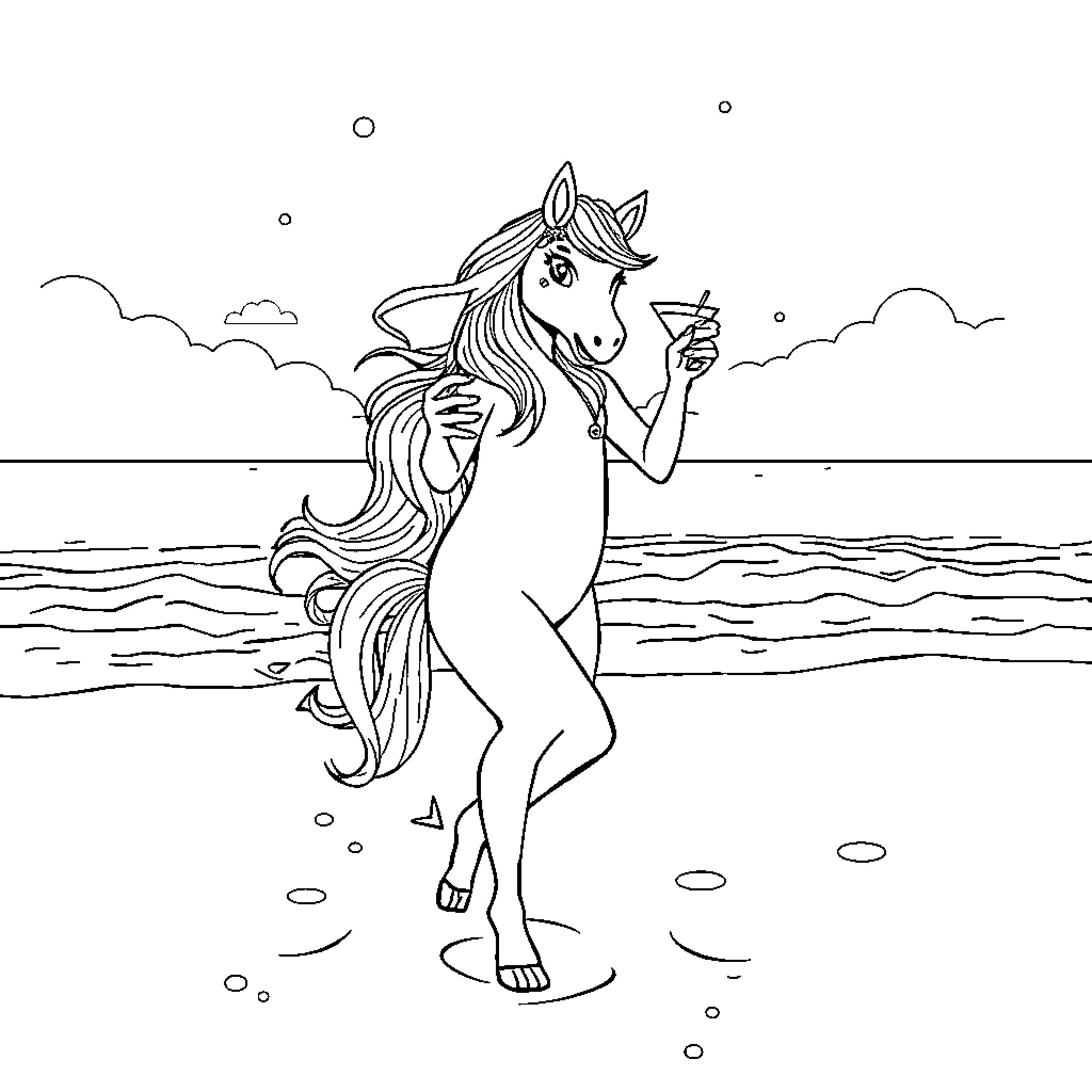 Eenhoorn enjoying a day at the beach Coloring Page (free black-and-white line drawing printable PDF for all, from beginners to advanced learners, including children, teens, adults, and seniors)