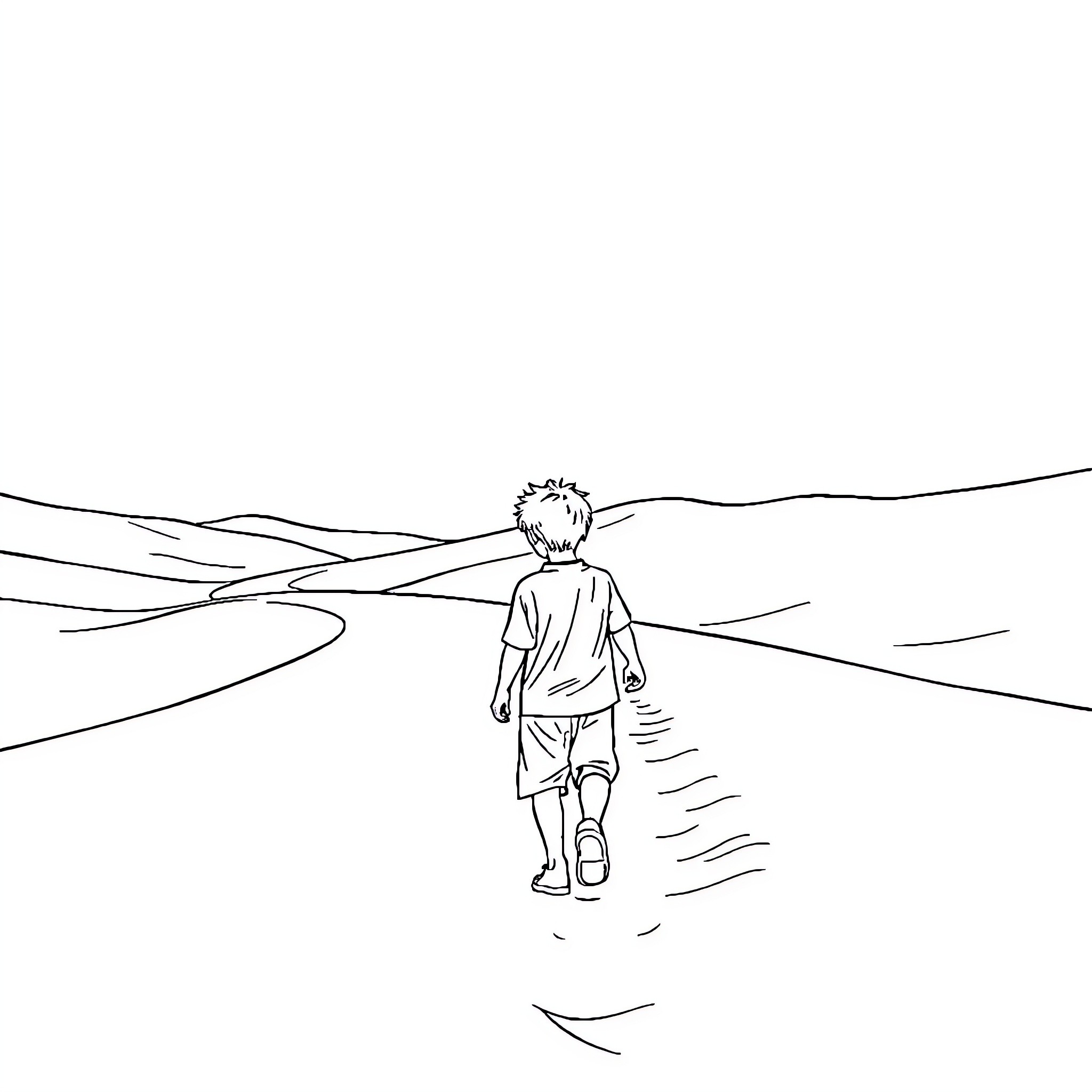 Boy walks alone on a path through the countryside Coloring Page (free black-and-white line drawing printable PDF for all, from beginners to advanced learners, including children, teens, adults, and seniors)