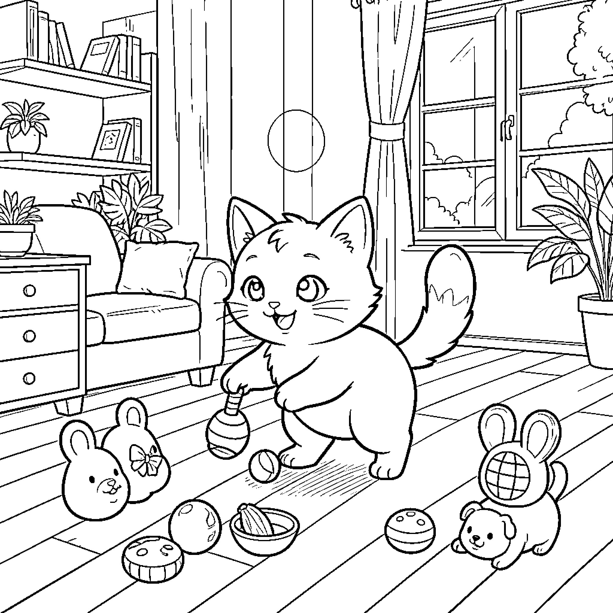 Kirara's Cozy Indoor Playtime Coloring Page (free black-and-white line drawing printable PDF for all, from beginners to advanced learners, including children, teens, adults, and seniors)